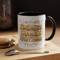 Inspirational ceramic accent coffee mug featuring “Kindness Changes Everything” in elegant gold script with sparkles and colorful accent handle and interior.
