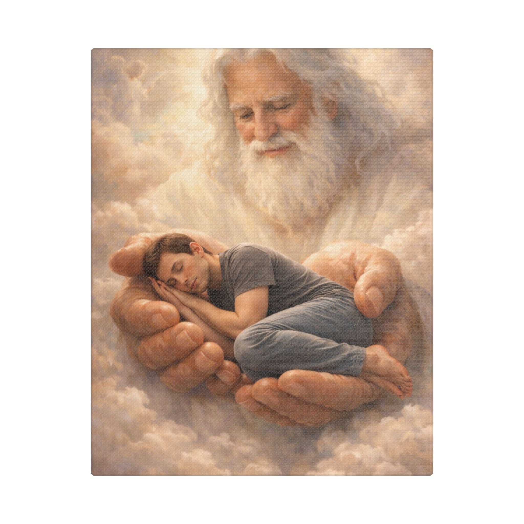 Safely in His Hands Canvas — 'Man' Sleeping in God's Embrace Wall Art