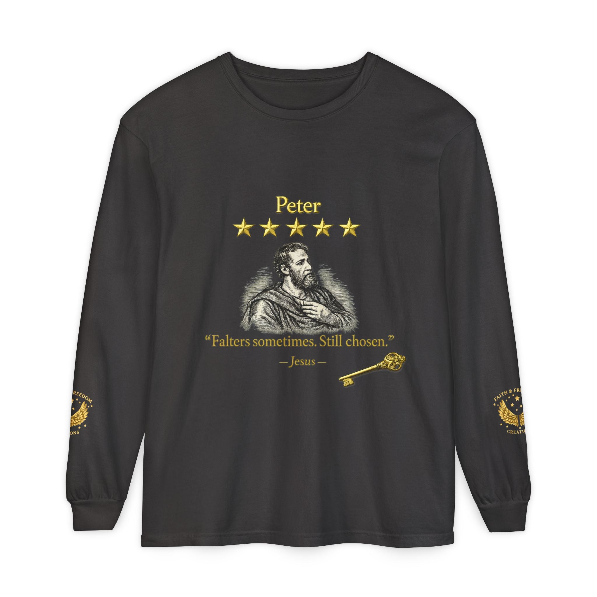 Peter Scripture Long Sleeve T-Shirt — "Falters sometimes. Still chosen." Review by Jesus