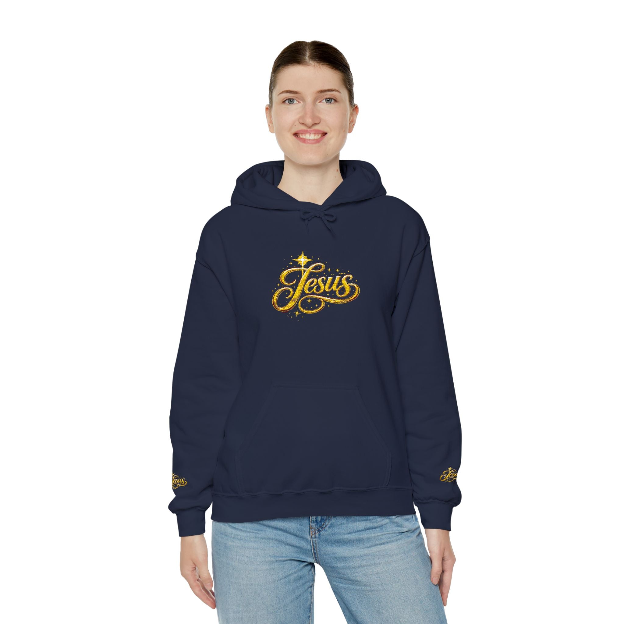 Jesus Gold Script Hoodie – Sparkle Christian Faith Pullover | Inspirational Hoodie