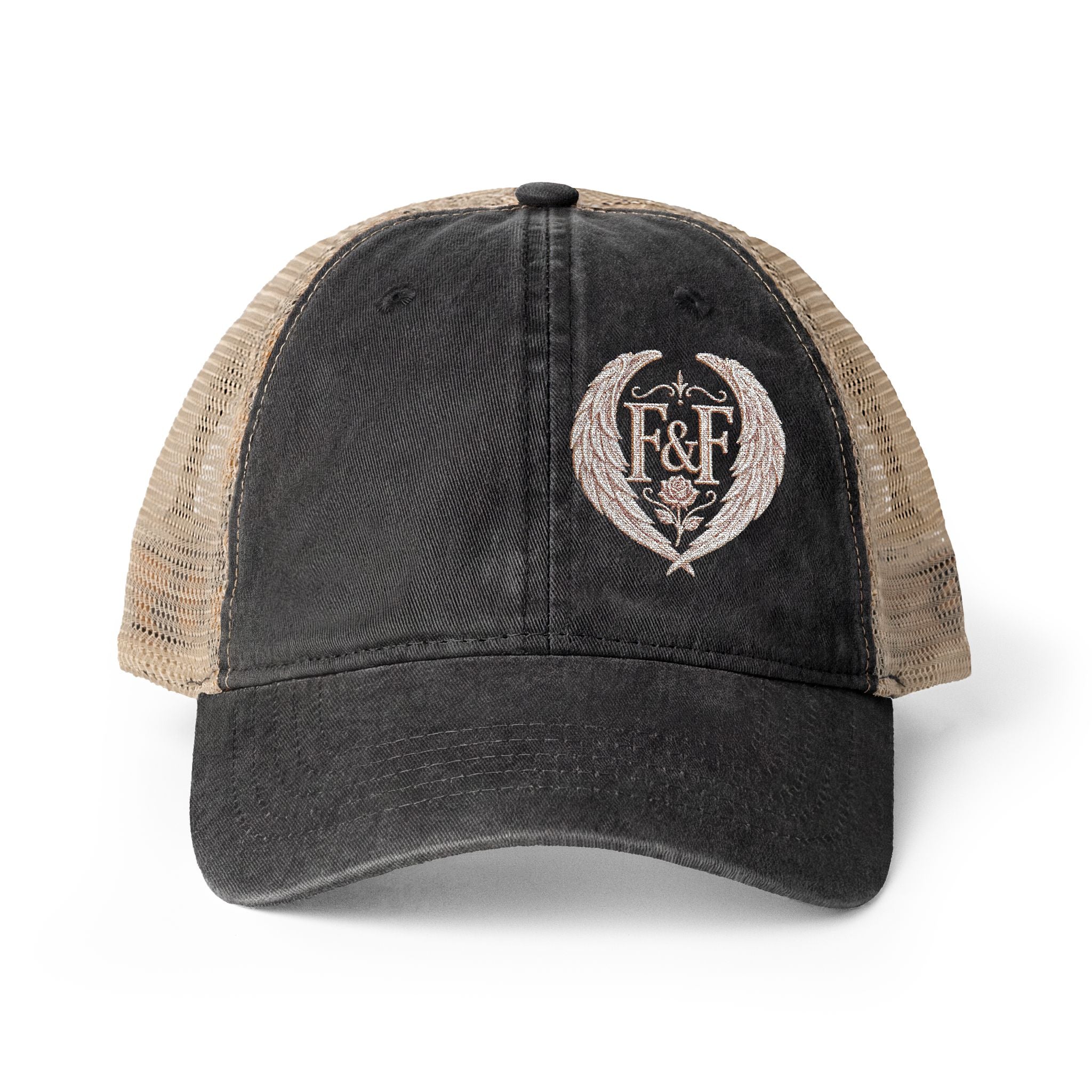 Women’s washed mesh-back cap featuring the Faith & Freedom logo with vintage styling, breathable mesh panels, and concealed ponytail opening.
