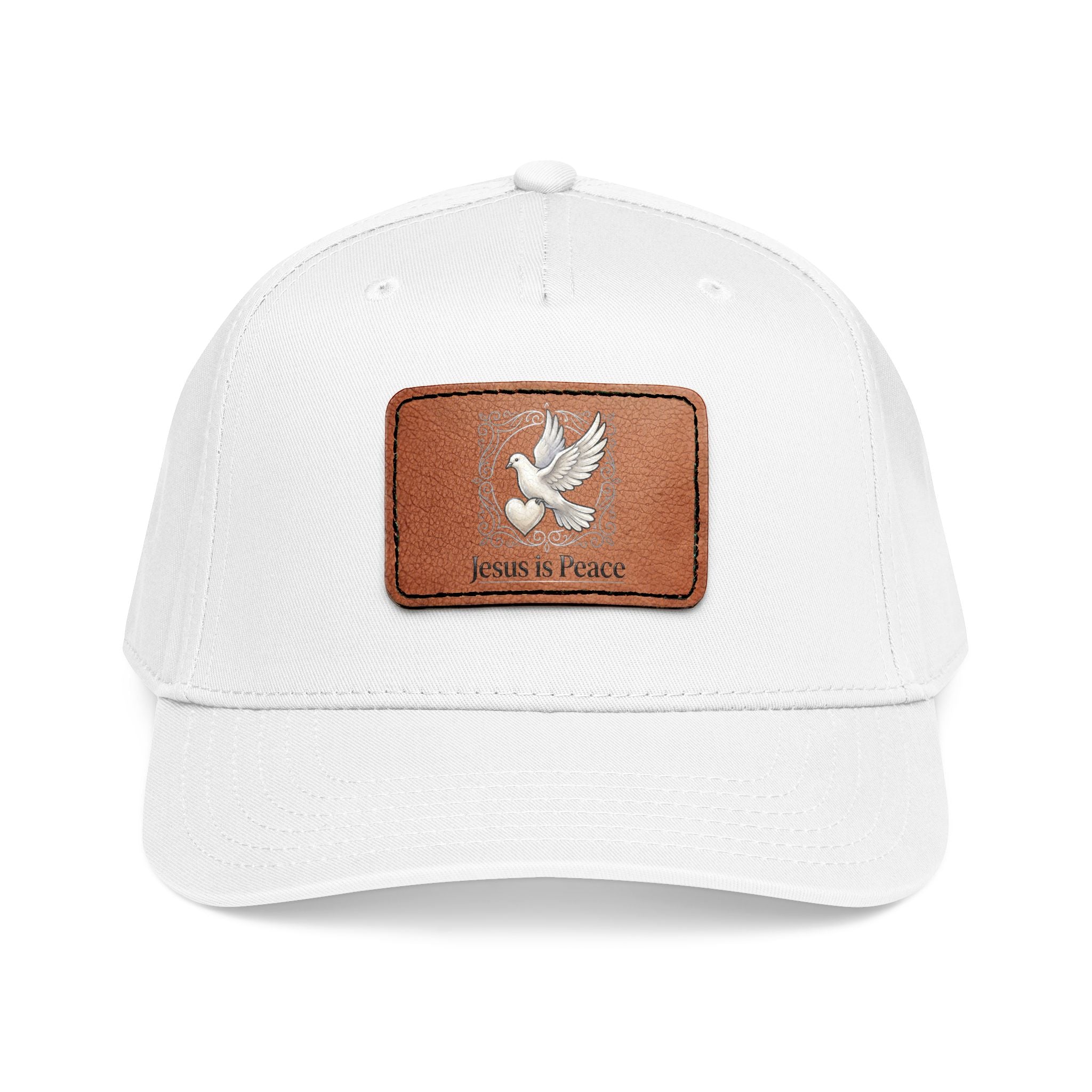 White Christian baseball cap featuring a brown leather patch with a white dove carrying a heart and the words "Jesus Is Peace."