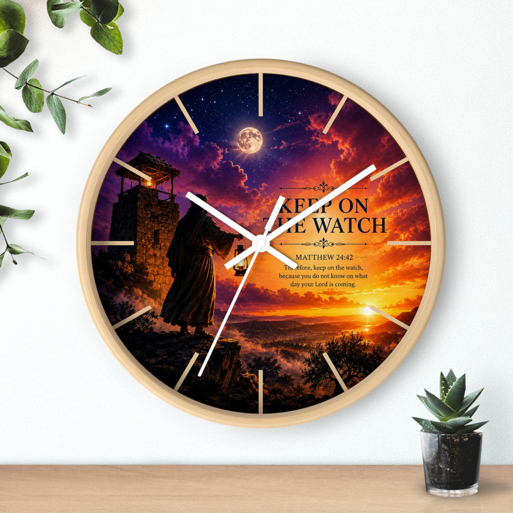 Inspirational Christian wall clock featuring a lone watchman beneath dramatic sunset skies with Matthew 24:42 scripture and rich orange and purple twilight tones.