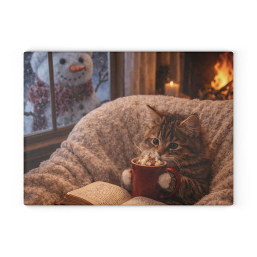 Cozy Winter Cat Glass Cutting Board – Hot Cocoa Kitchen Decor | Cute Cat Kitchen Board