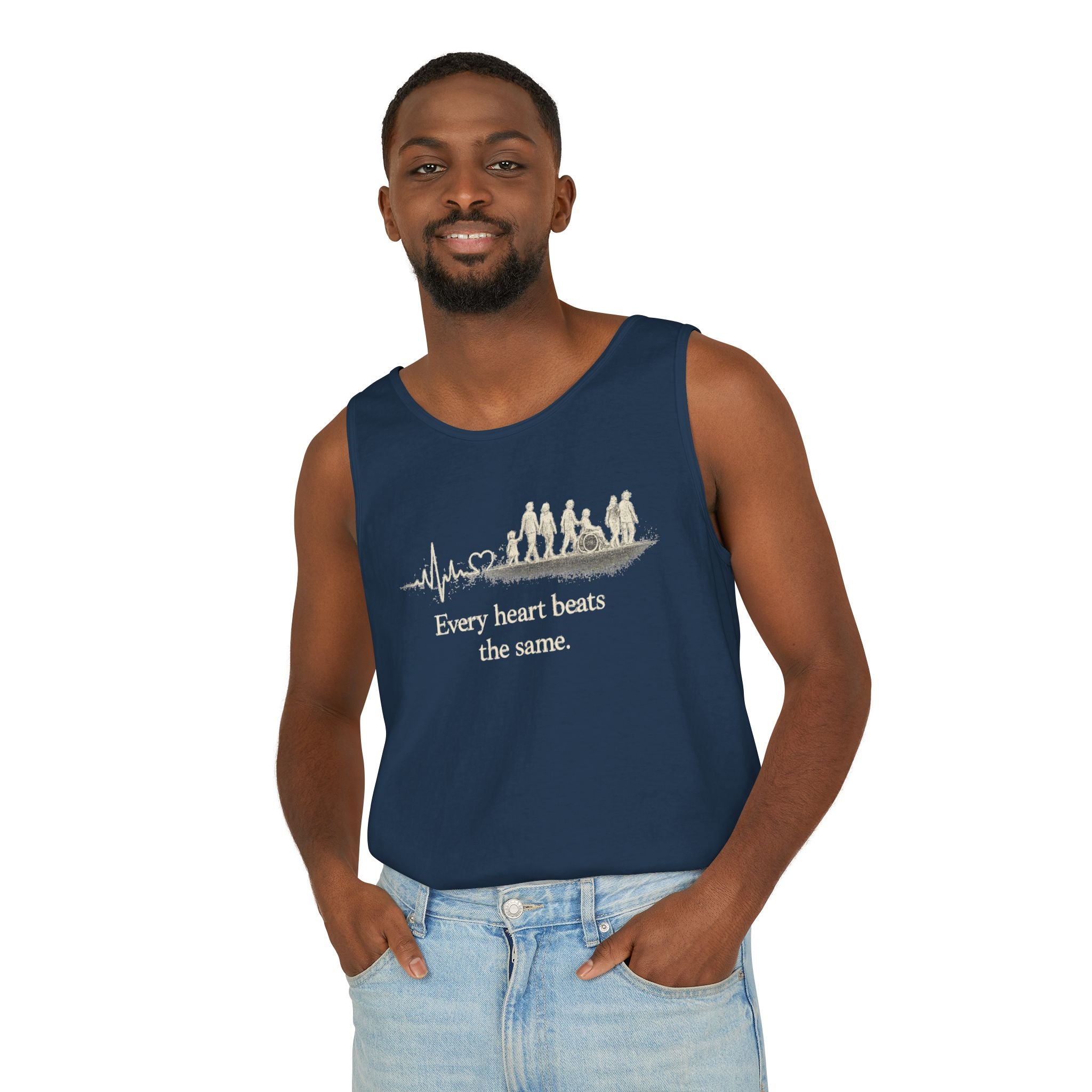 “Every Heart Beats the Same” Vintage Surf Tank Top – Garment-Dyed Coastal Unity Tank