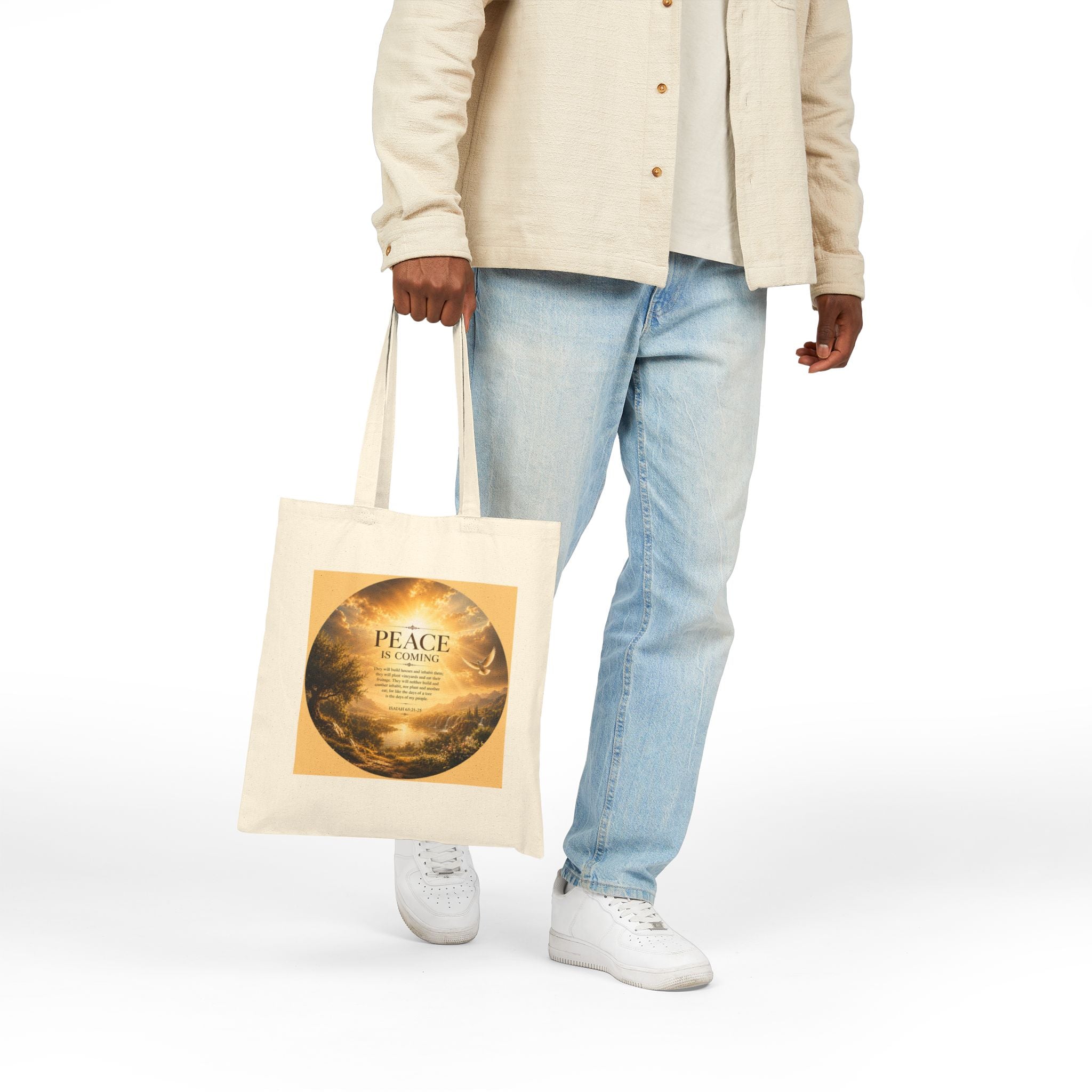 Peace Is Coming Tote Bag | Isaiah 65:21-25 Christian Canvas Tote | Inspirational Scripture Carryall