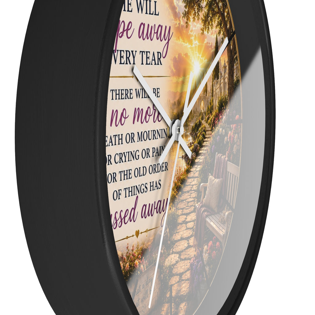 Revelation 21:4 Memorial Garden Wall Clock | Inspirational Christian Scripture Clock | Faith Home Decor