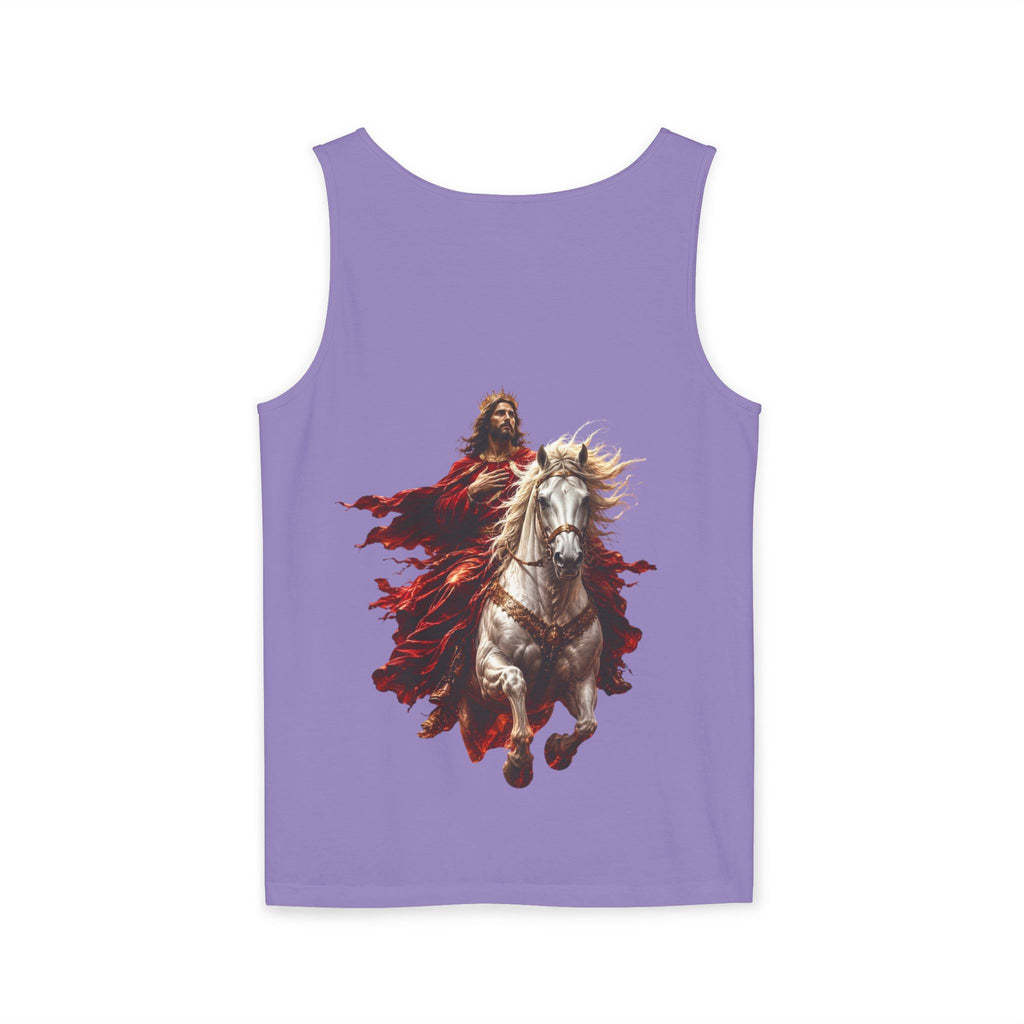 Christian tank top featuring Jesus riding a white horse with inspirational Second Coming artwork on a soft garment-dyed sleeveless shirt.