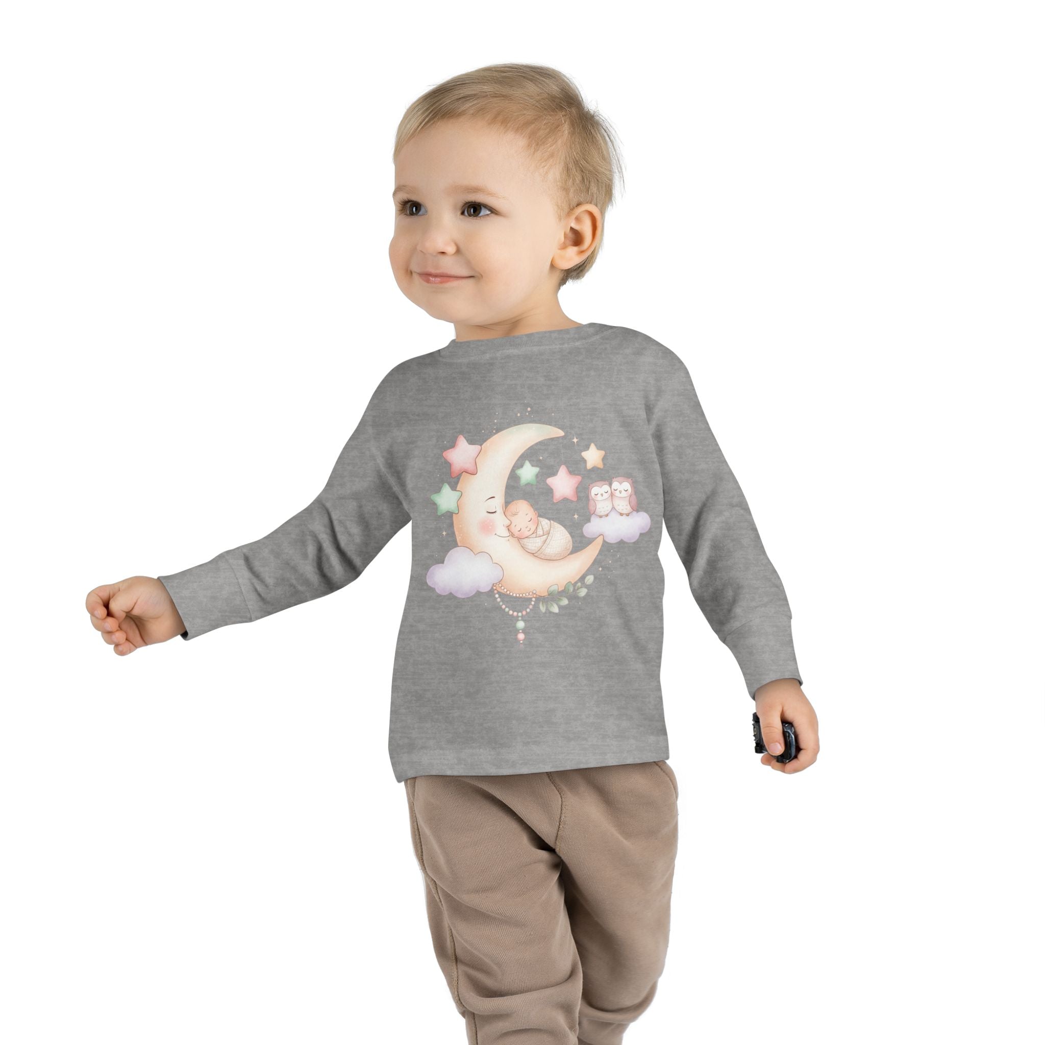 Baby Moon & Owl Toddler Long Sleeve Tee – Pastel Sleepy Moon Nursery Shirt | Cozy Toddler Pajama Style Tee