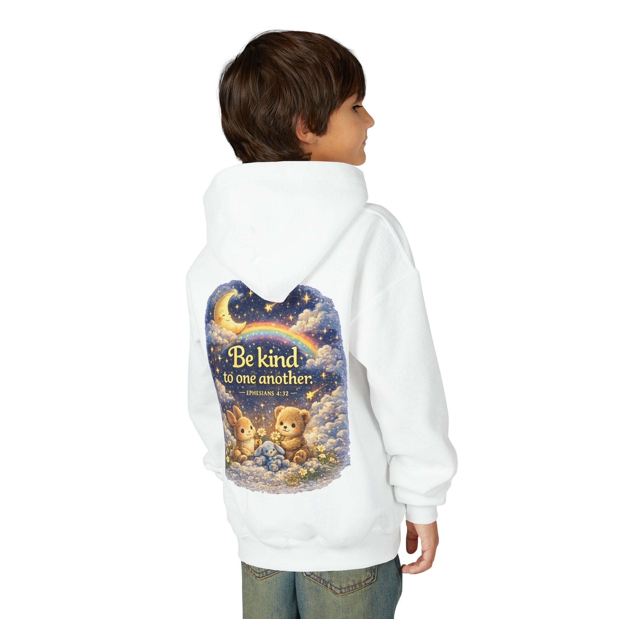 Youth “Be Kind to One Another” Hoodie – Cute Bunny Night Sky Scripture Sweatshirt