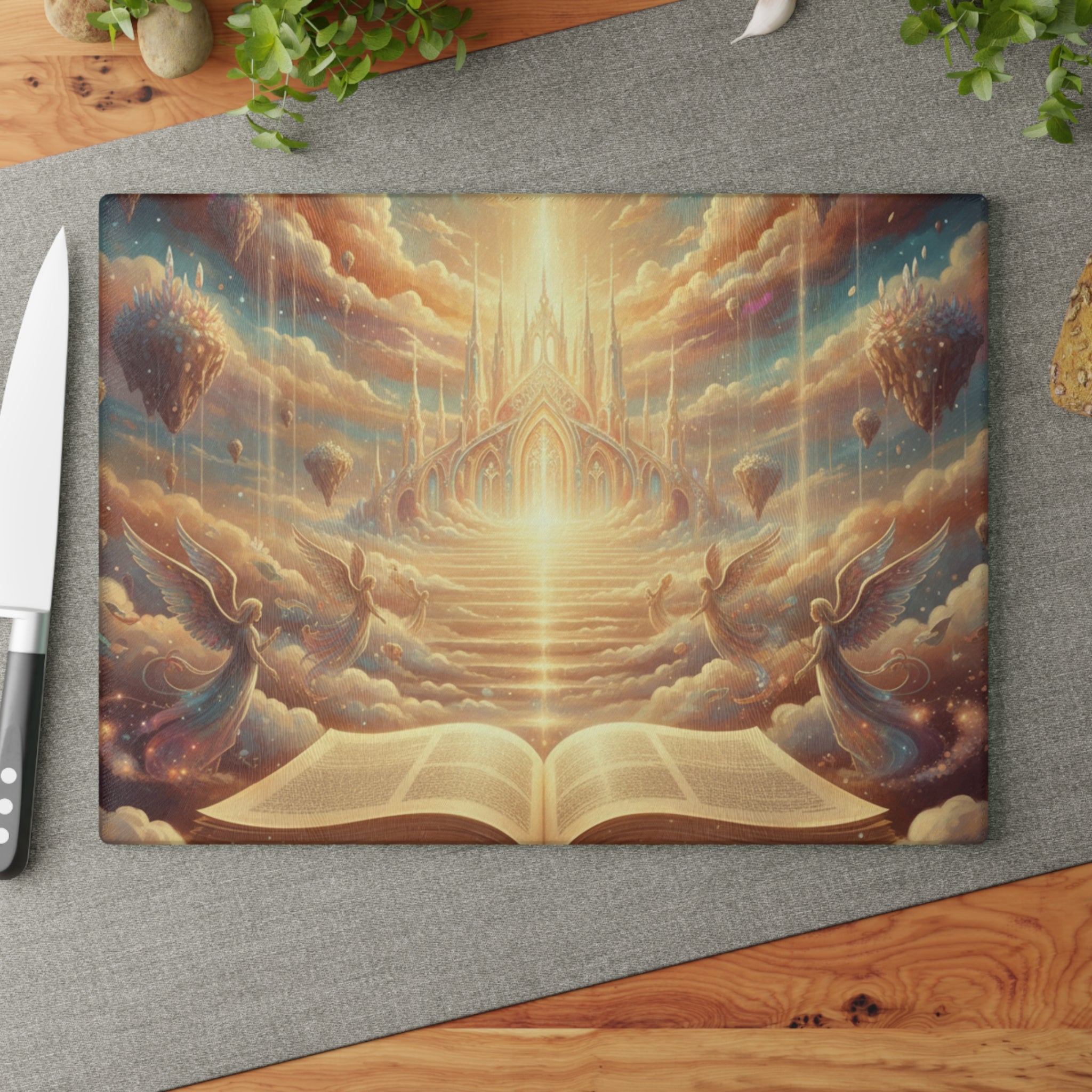 Heavenly Cathedral Glass Cutting Board – Angel & Open Book Christian Kitchen Decor | Inspirational Faith Kitchen Art
