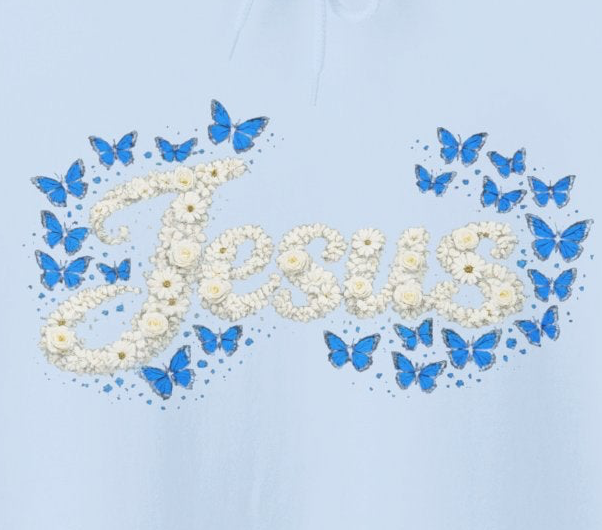 Butterfly Blossoms Hoodie – “Jesus” Floral Script Christian Pullover | Faith & Butterfly Hoodie