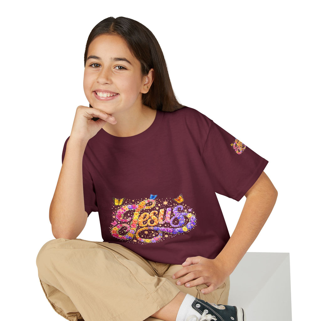 Youth Jesus Floral Butterfly T-Shirt – Christian Kids Faith Tee | Gratitude Sneaker Style Shirt