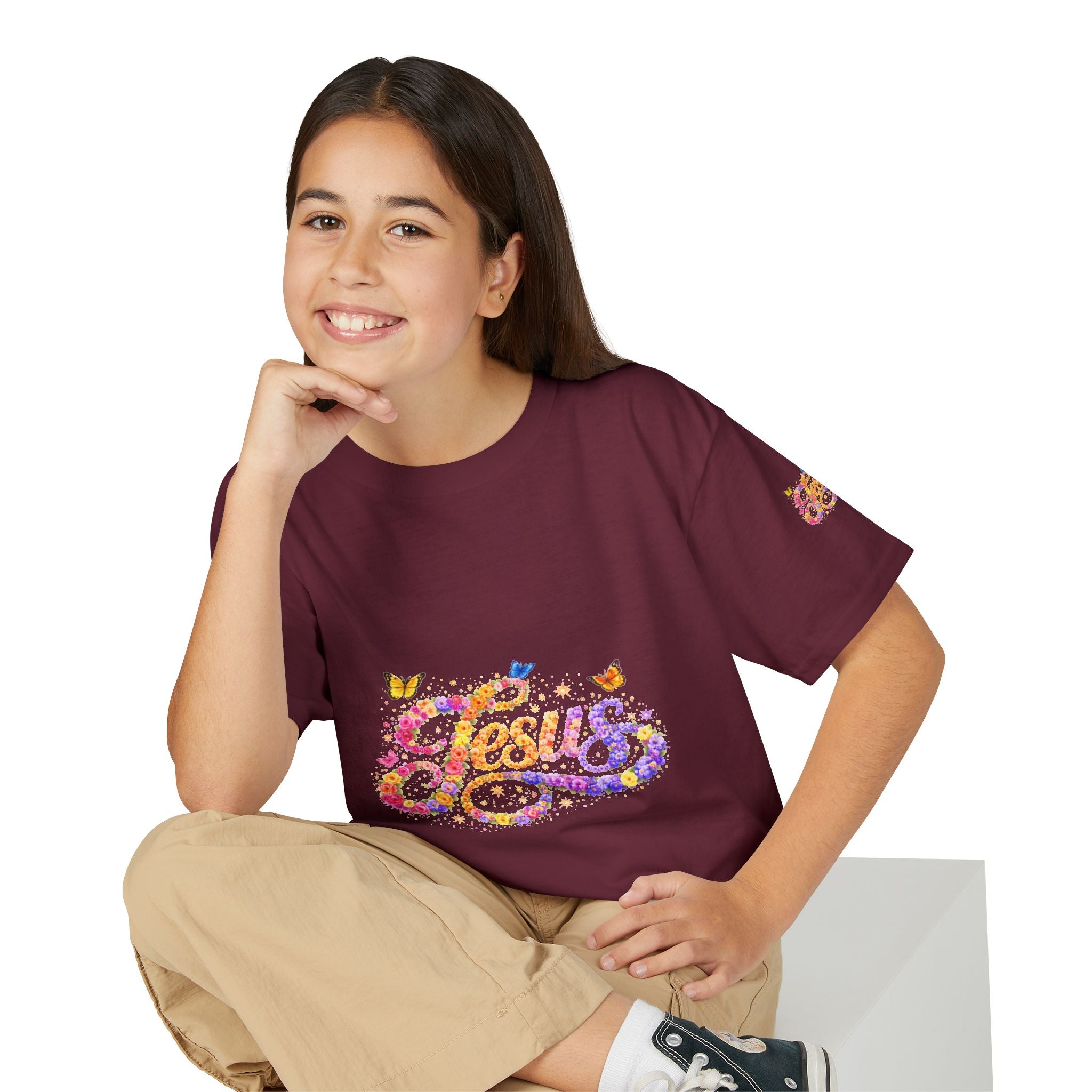 Youth Jesus Floral Butterfly T-Shirt – Christian Kids Faith Tee | Gratitude Sneaker Style Shirt