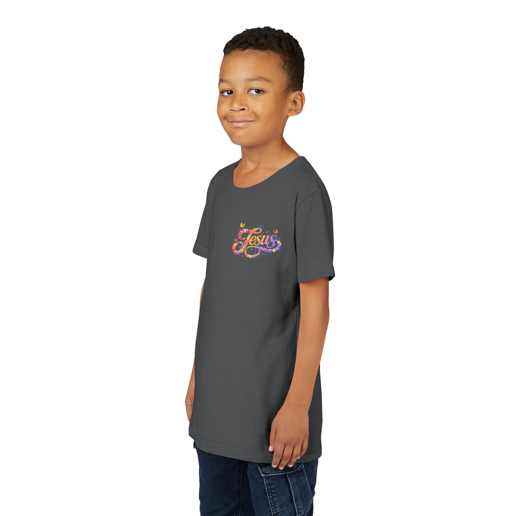 Youth Jesus Floral Script T-Shirt – Butterfly Christian Kids Tee | Faith Youth Shirt