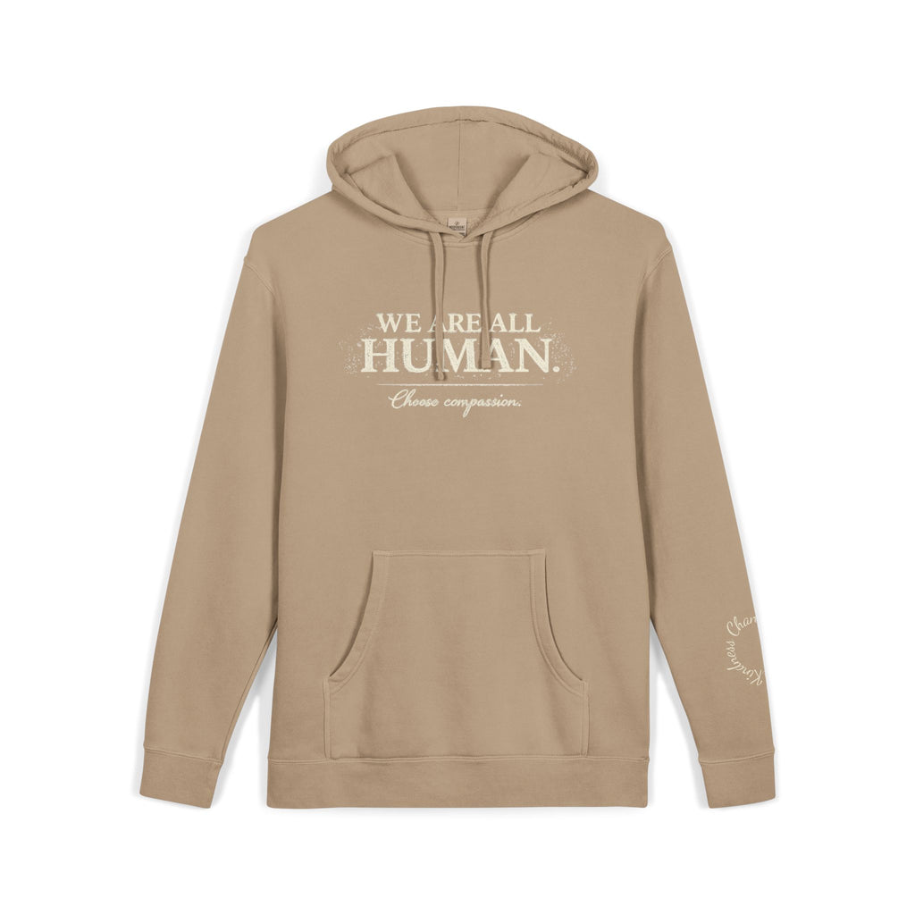 “We Are All Human” Pigment-Dyed Hoodie – Inclusive Comfort Pullover | Inspirational Minimalist Hoodie