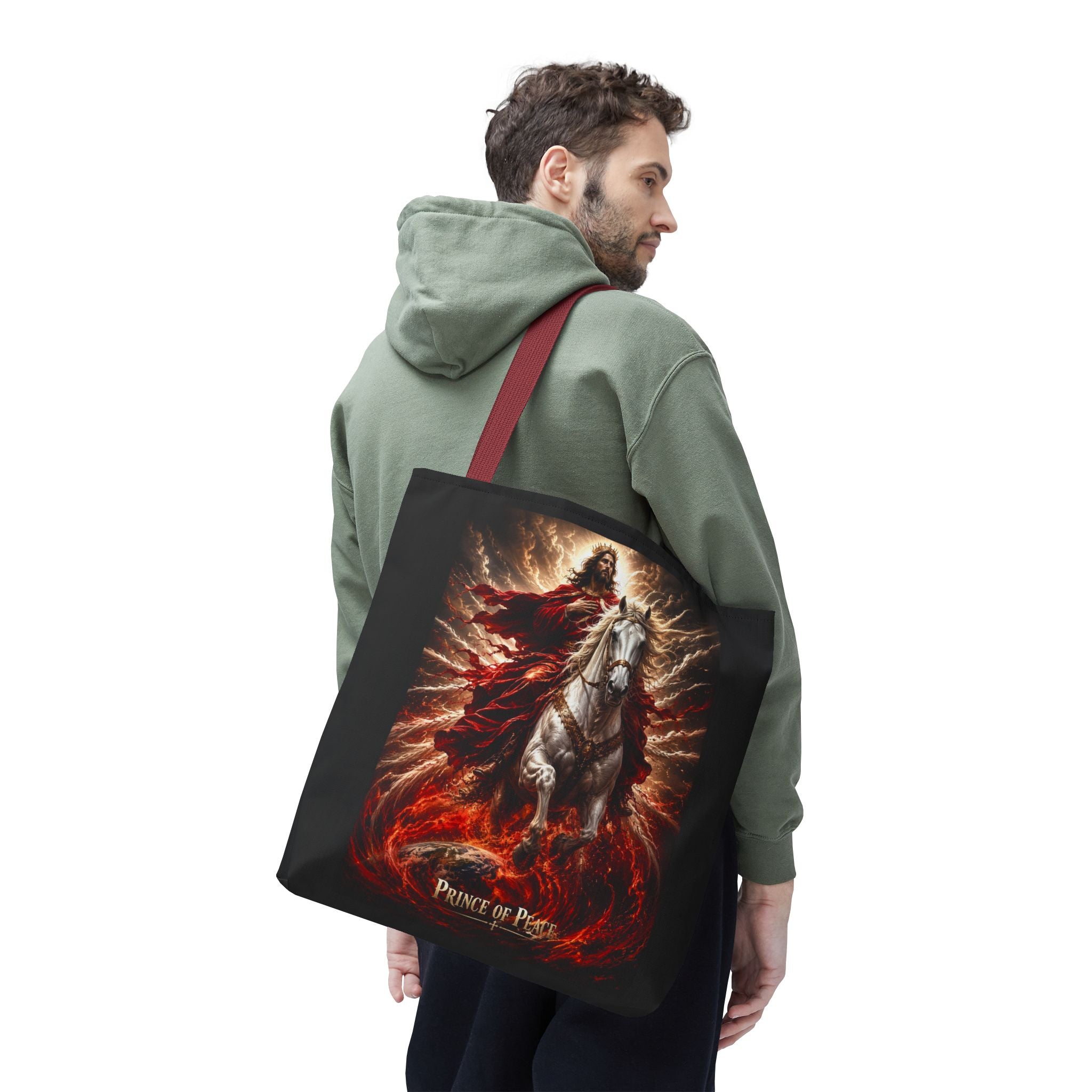 Christian all-over print tote bag featuring Jesus riding a white horse with Prince of Peace inspirational artwork and durable carryall design.