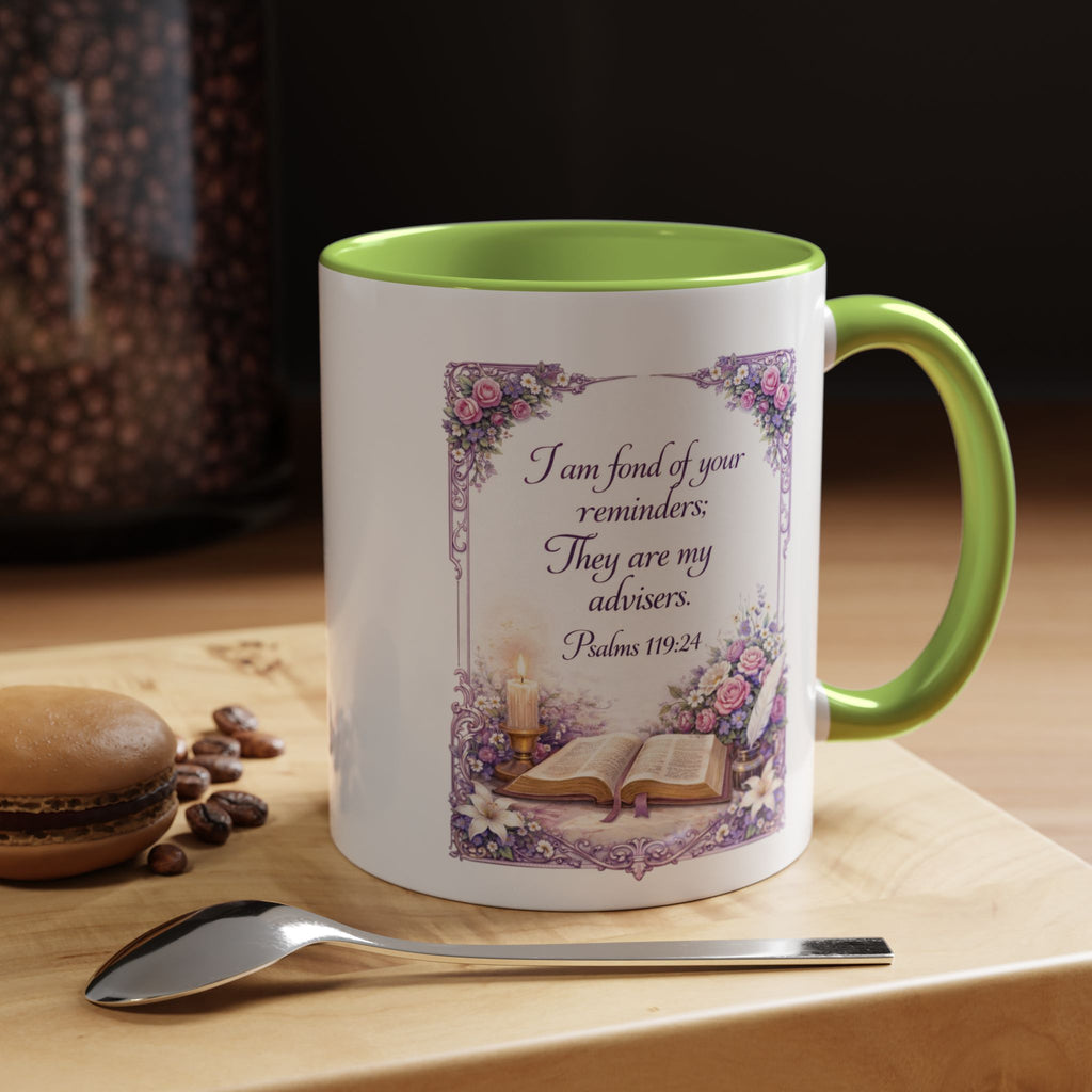 Inspirational Christian ceramic accent coffee mug featuring Psalm 119:24, delicate floral artwork, and the message “I am fond of your reminders” with colorful handle and interior accents.