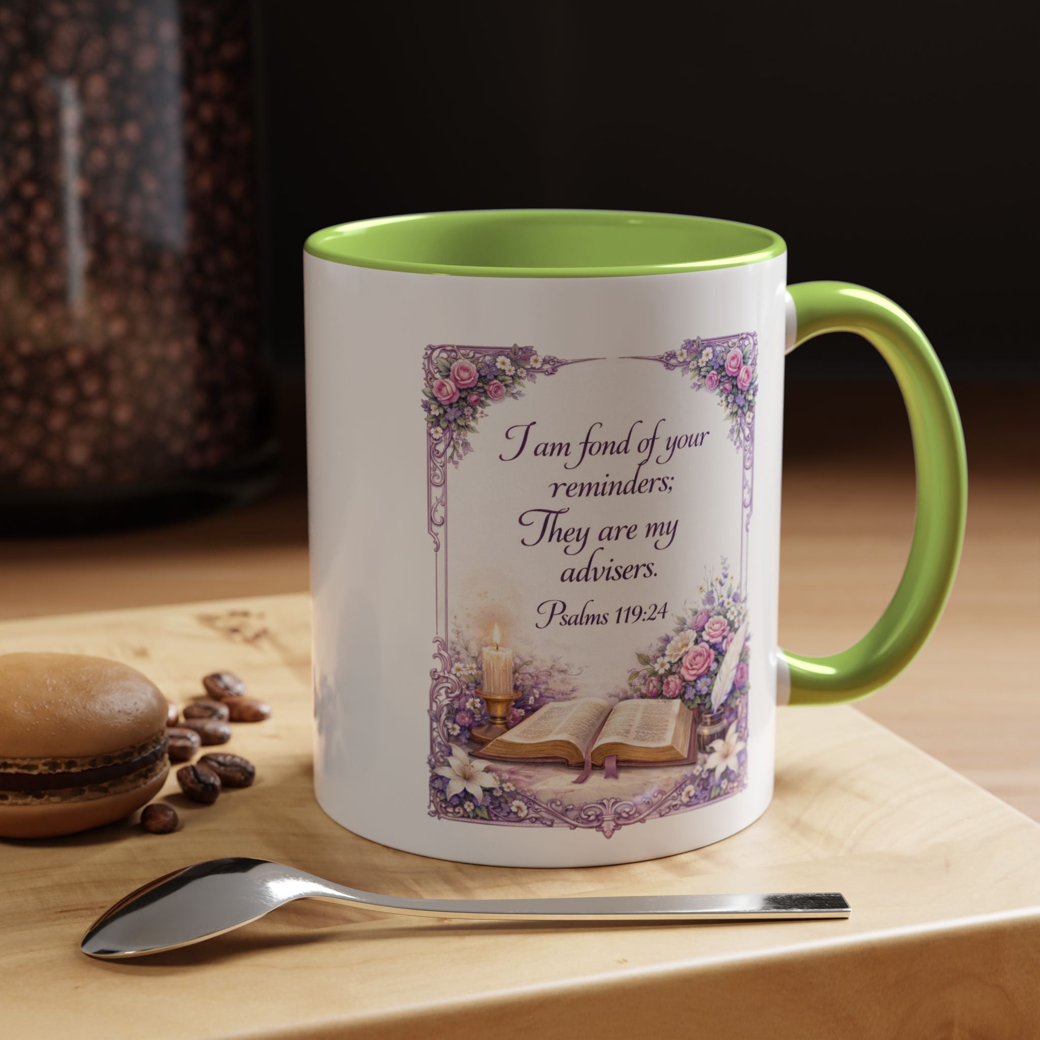 Inspirational Christian ceramic accent coffee mug featuring Psalm 119:24, delicate floral artwork, and the message “I am fond of your reminders” with colorful handle and interior accents.