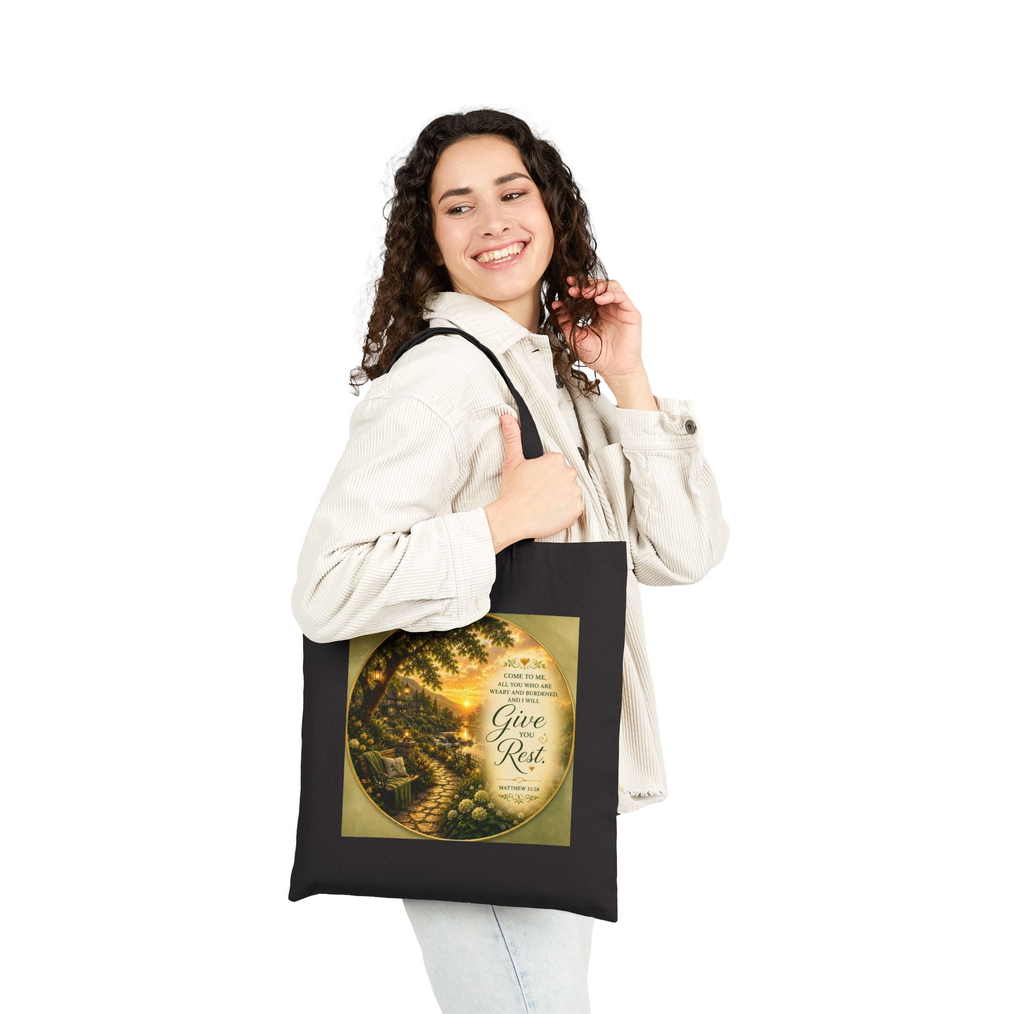 Come to Me and I Will Give You Rest Tote Bag | Matthew 11:28 Christian Canvas Tote