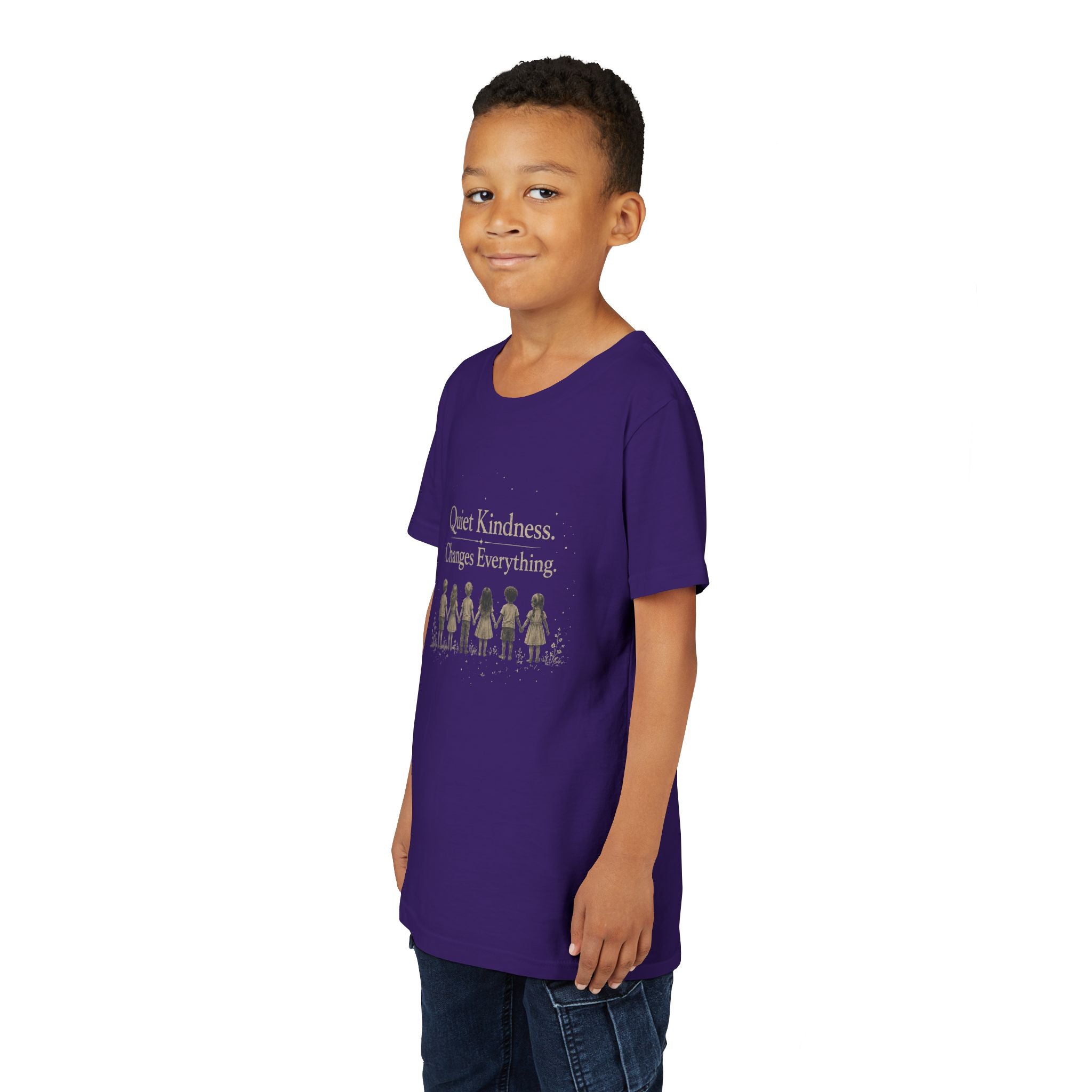 Youth “Quiet Kindness Changes Everything” Tee – Kids Inspirational T-Shirt with Earth & Friends Graphic