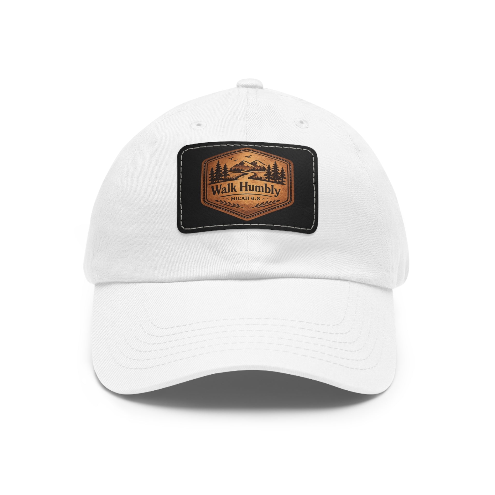 Vintage-inspired Christian dad hat featuring a faux leather “Walk Humbly” Micah 6:8 patch with rustic outdoor styling and antique brass buckle closure.