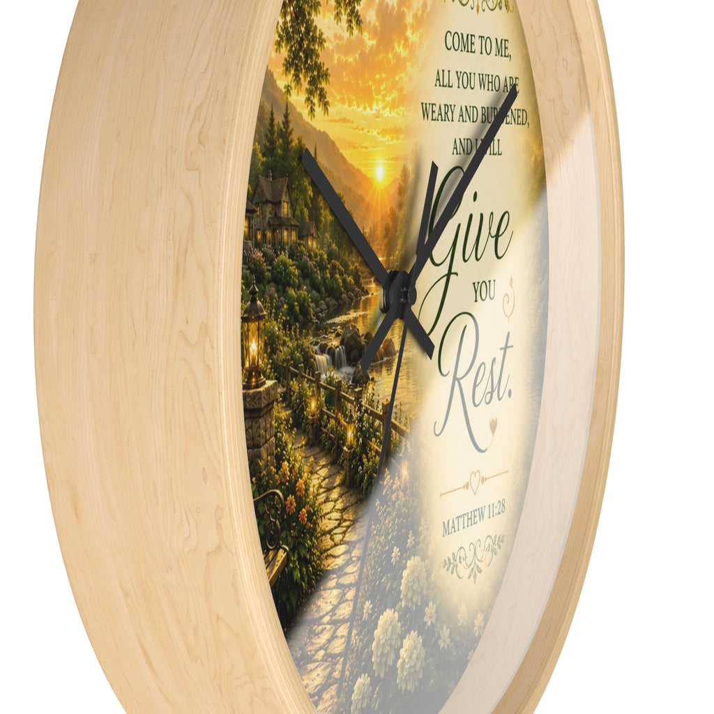 Give You Rest Wall Clock | Matthew 11:28 Christian Scripture Clock | Inspirational Faith Decor