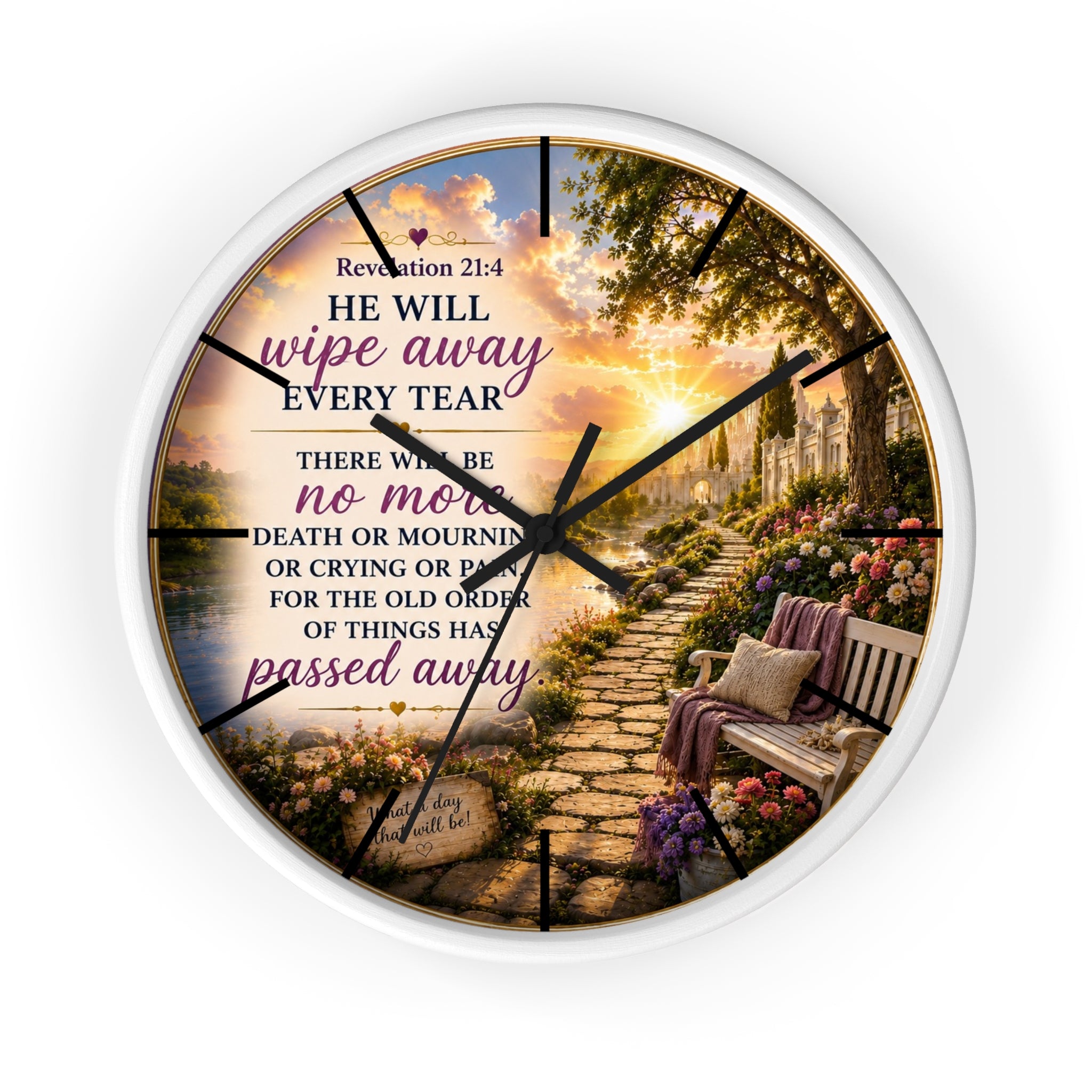 Inspirational Christian wall clock featuring a peaceful lakeside garden path, floral scenery, and Revelation 21:4 scripture in warm comforting tones.