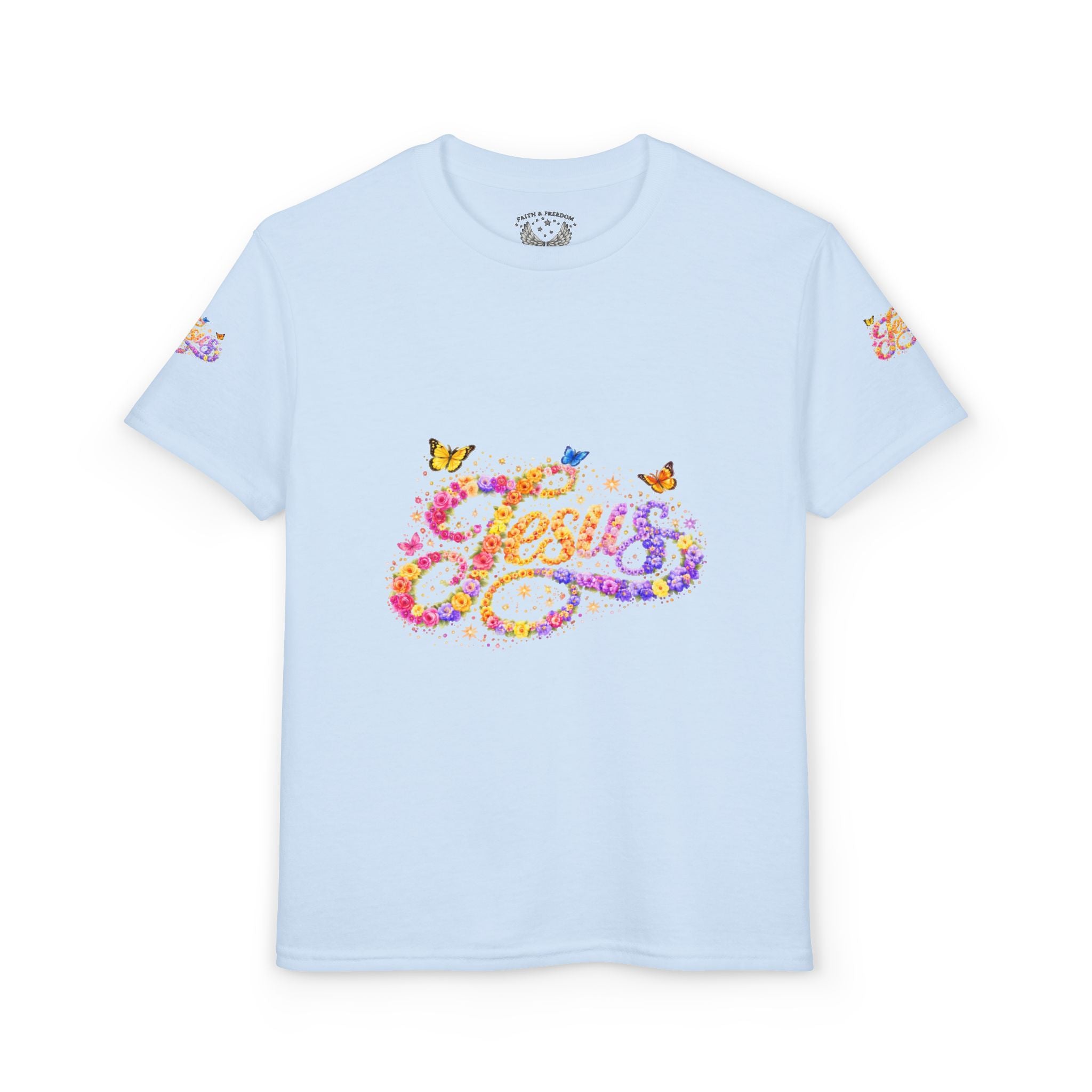 Youth Jesus Floral Butterfly T-Shirt – Christian Kids Faith Tee | Gratitude Sneaker Style Shirt
