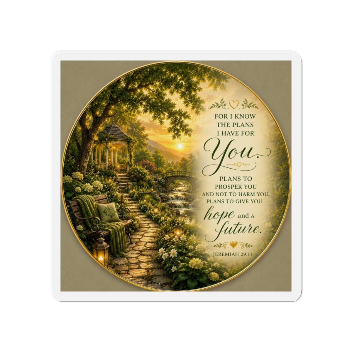 Christian die-cut magnet featuring Jeremiah 29:11 with a peaceful garden path, gazebo, lanterns, blooming flowers, and a golden sunrise illustrating God's promise of hope and a future.