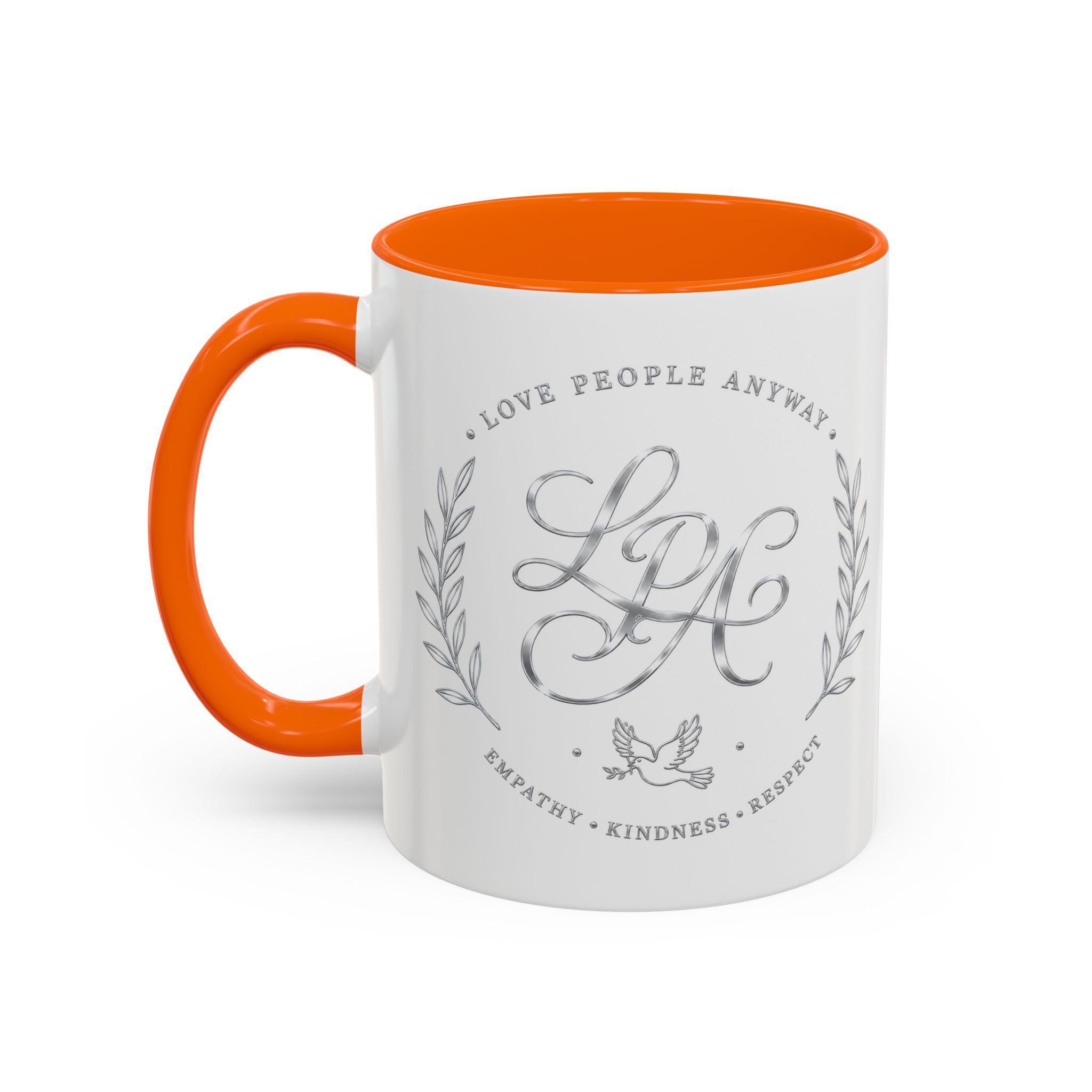 Love People Anyway Silver Accent Coffee Mug | Inspirational Monogram Mug | Faith Freedom Creations