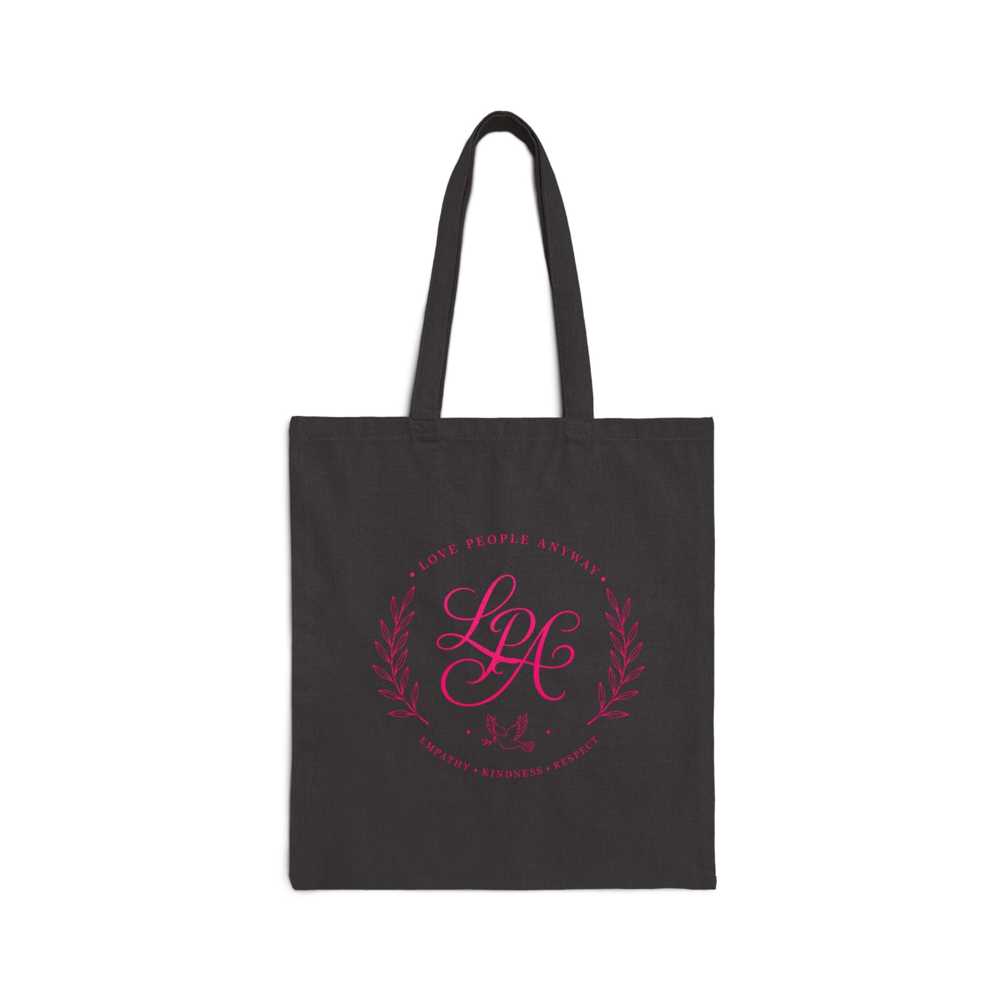 Pink monogram cotton canvas tote bag featuring the message “Love People Anyway,” laurel branches, a dove carrying an olive branch, and the words empathy, kindness, and respect in an elegant boutique design.