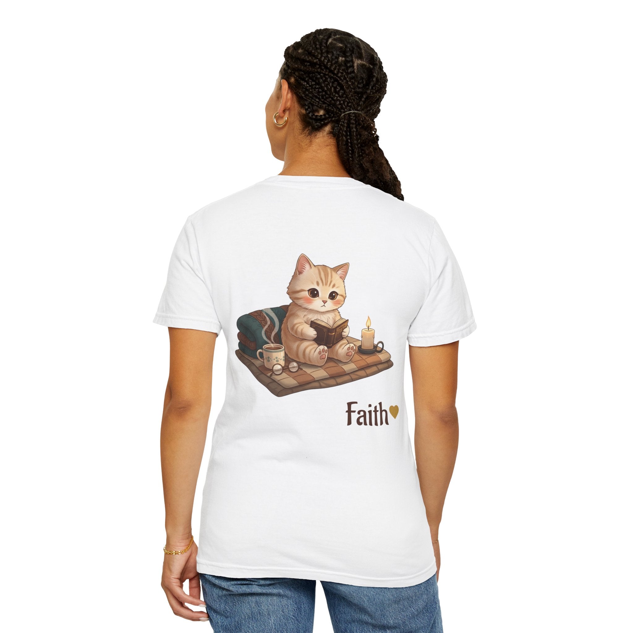 Cozy Cat Prayer T-Shirt — Faith Heart Cat Tee | Christian Cat Lover Shirt