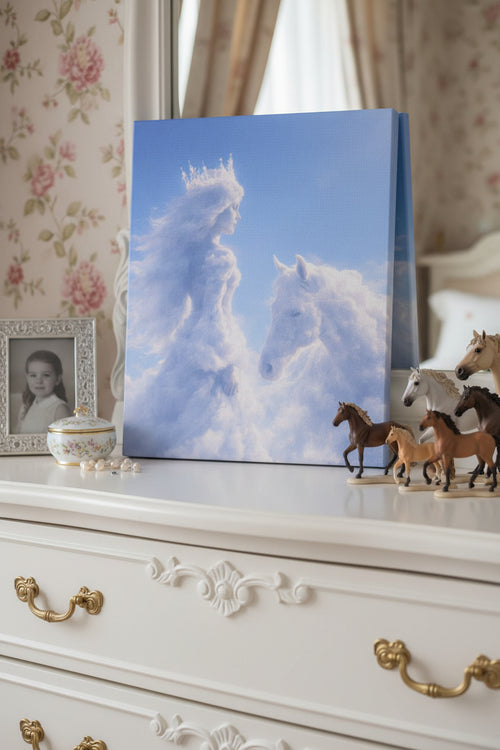 Cloud Princess & Horse Canvas — Dreamy Fairy Tale Nursery Wall Art