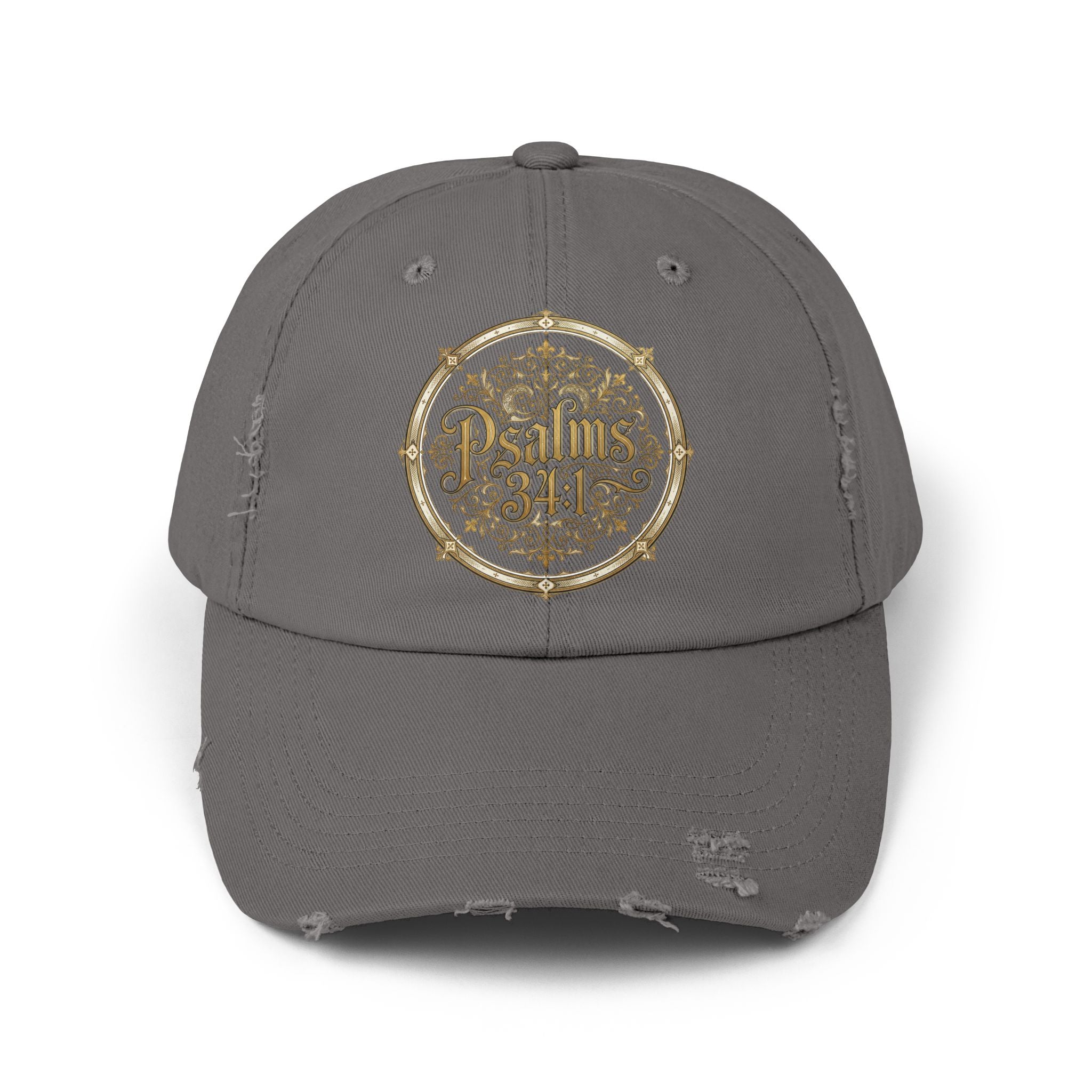 Distressed Black Cap – Psalm 23:1 Vintage Gold Emblem Hat | Faith & Freedom Creations