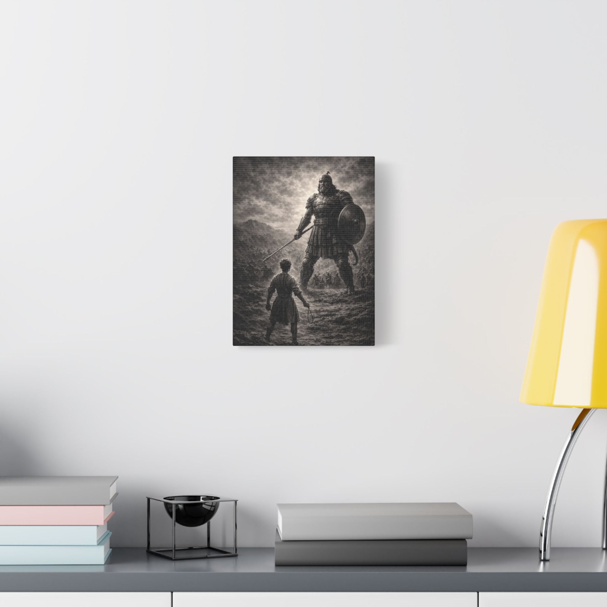 David vs Goliath Canvas — Monochrome Biblical Battle Wall Art