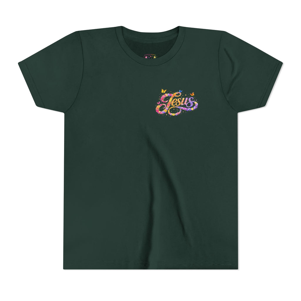 Youth Jesus Floral Script T-Shirt – Butterfly Christian Kids Tee | Faith Youth Shirt