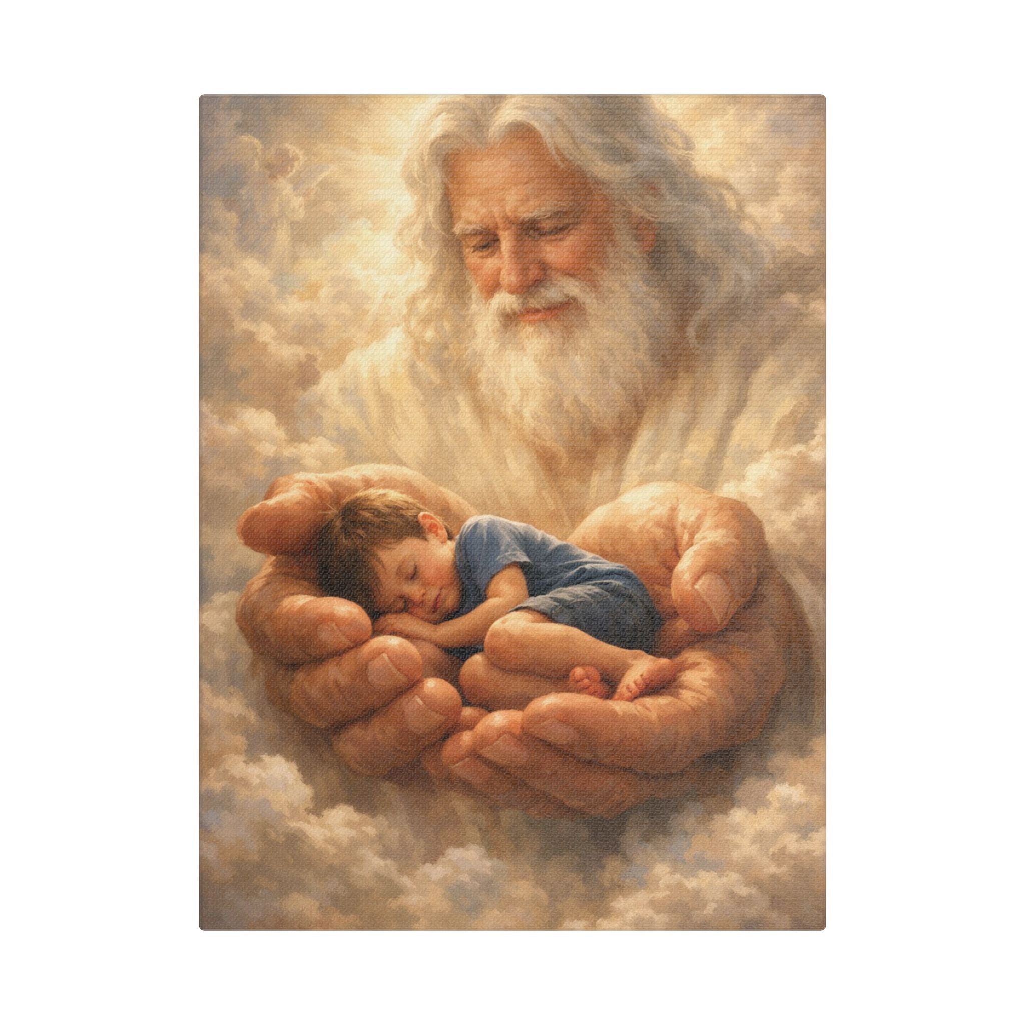 Safely in His Hands Canvas — Sleeping 'lil' Boy' in God's Embrace Wall Art