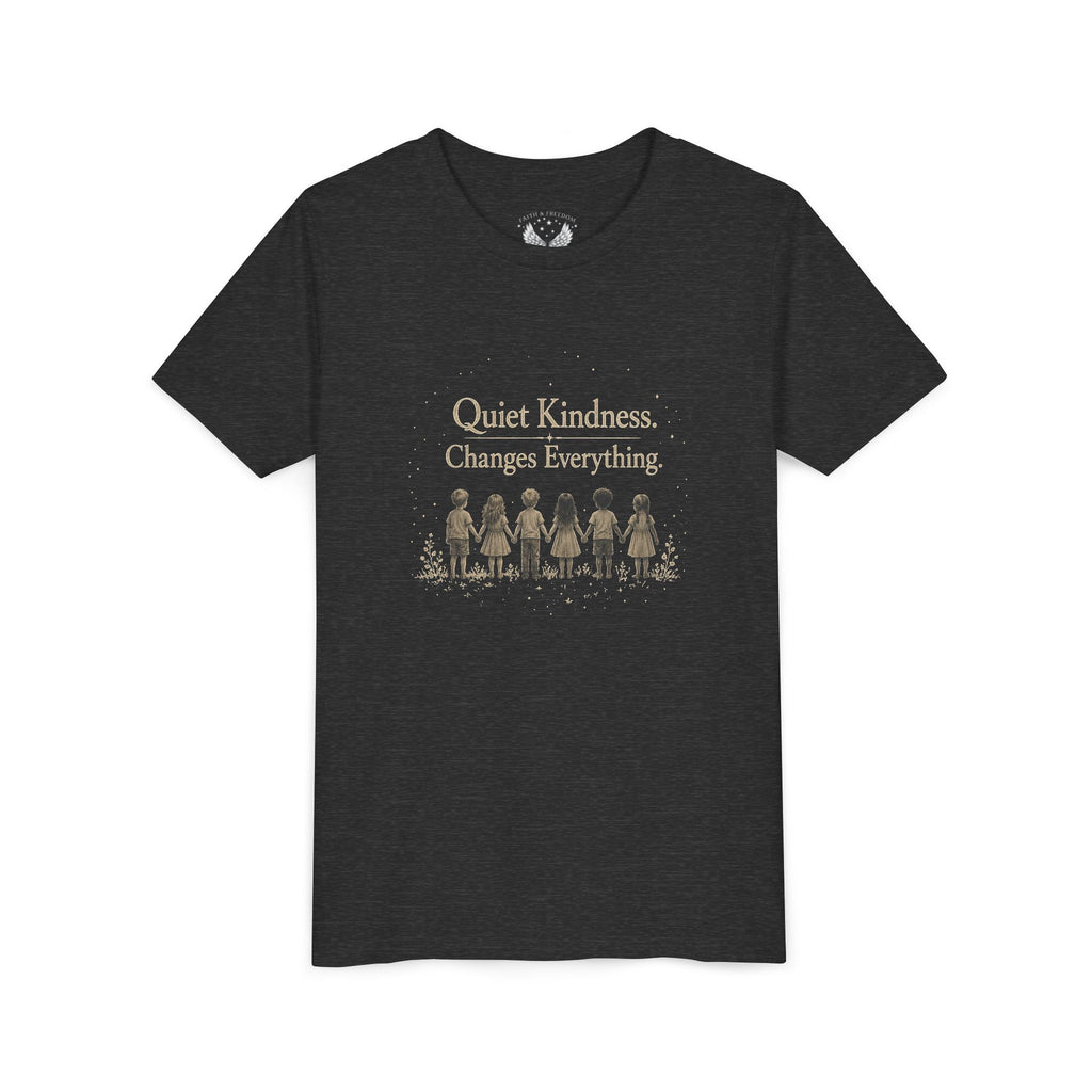 Youth “Quiet Kindness Changes Everything” Tee – Kids Inspirational T-Shirt with Earth & Friends Graphic