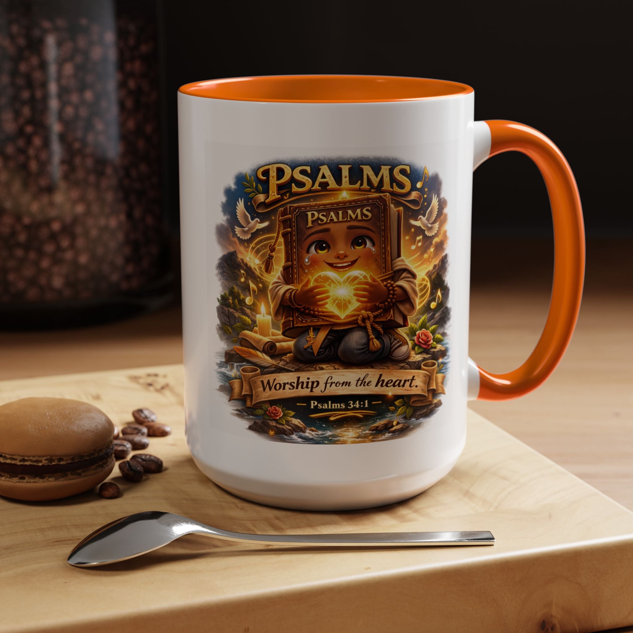 Inspirational Christian ceramic accent coffee mug featuring Psalm 34:1 and the message “Worship From the Heart” with colorful handle and interior accents on a glossy white mug.