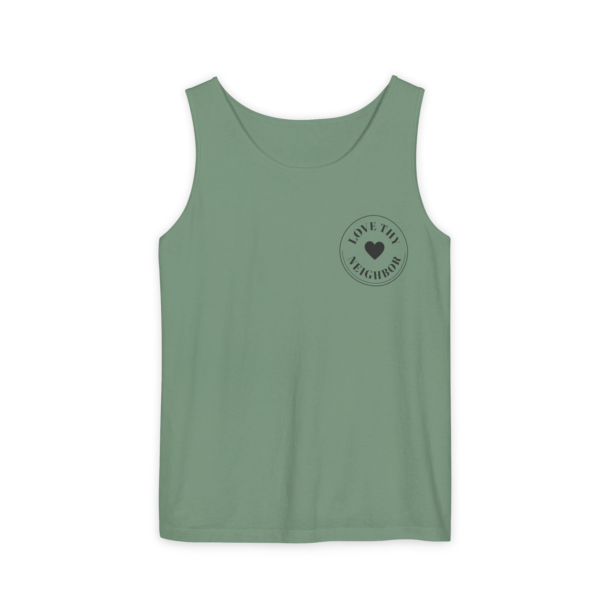 A sage green sleeveless tank top with a small black circular graphic on the left chest containing a heart and the words 'LOVETHY NEIGHBOR'. The tank top is displayed flat against a solid white background.