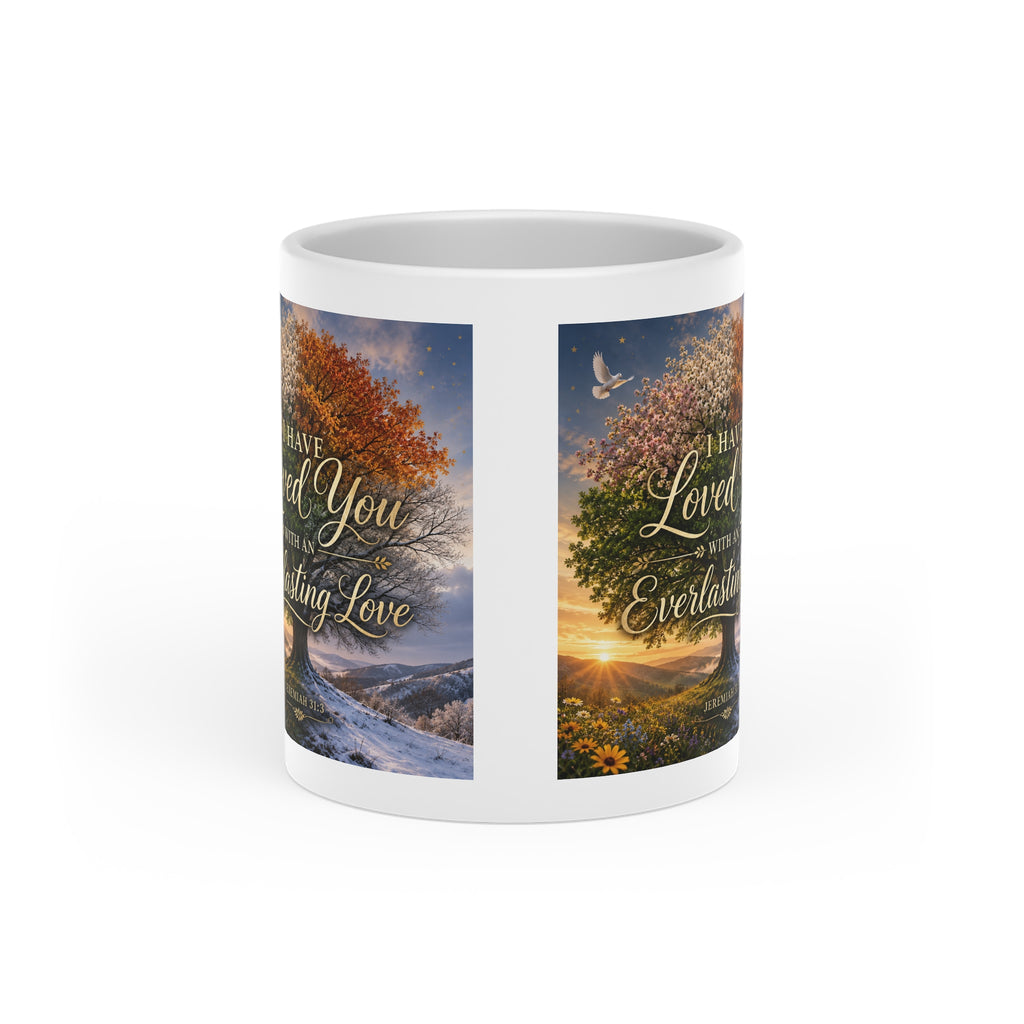 Everlasting Love Heart Mug | Jeremiah 31:3 Four Seasons Christian Coffee Mug | Inspirational Ceramic Cup