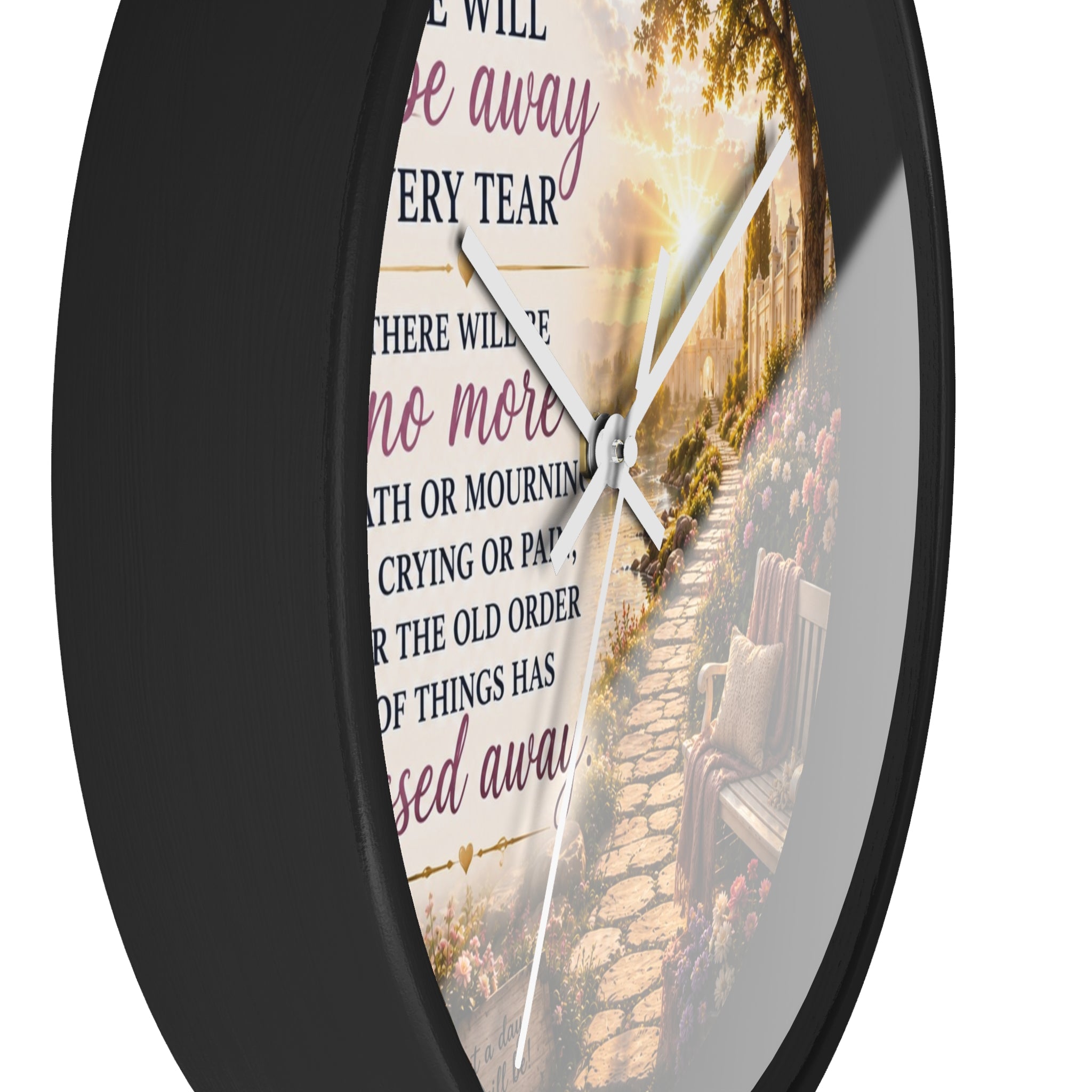 Revelation 21:4 Wall Clock | Christian Prayer Garden Decor | Inspirational Silent Wall Clock