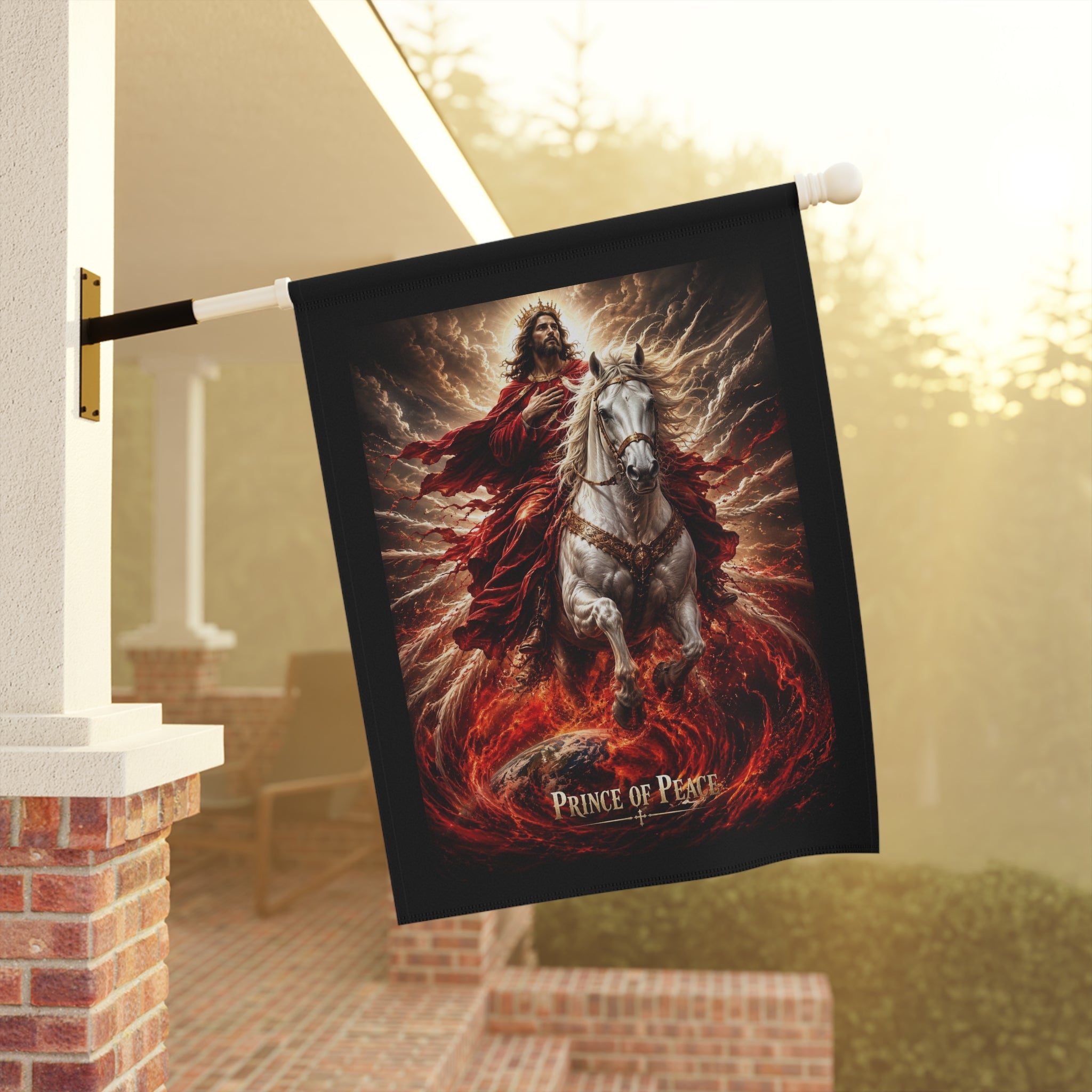 Christian garden banner featuring Jesus beside a noble horse with the words “Prince of Peace” in warm country-inspired outdoor artwork.