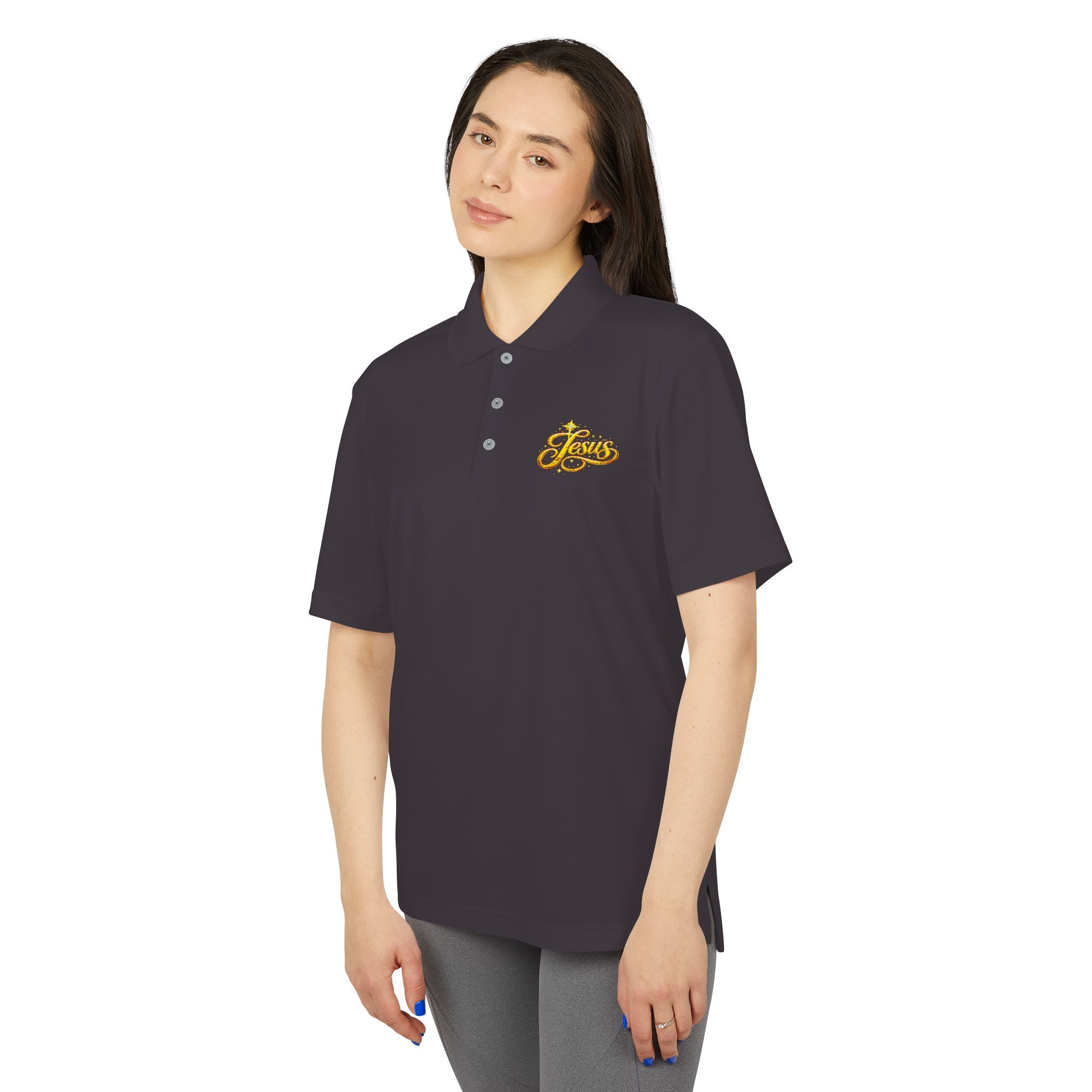 'Jesus' Script Embroidered Polo — Gold Faith Golf Shirt