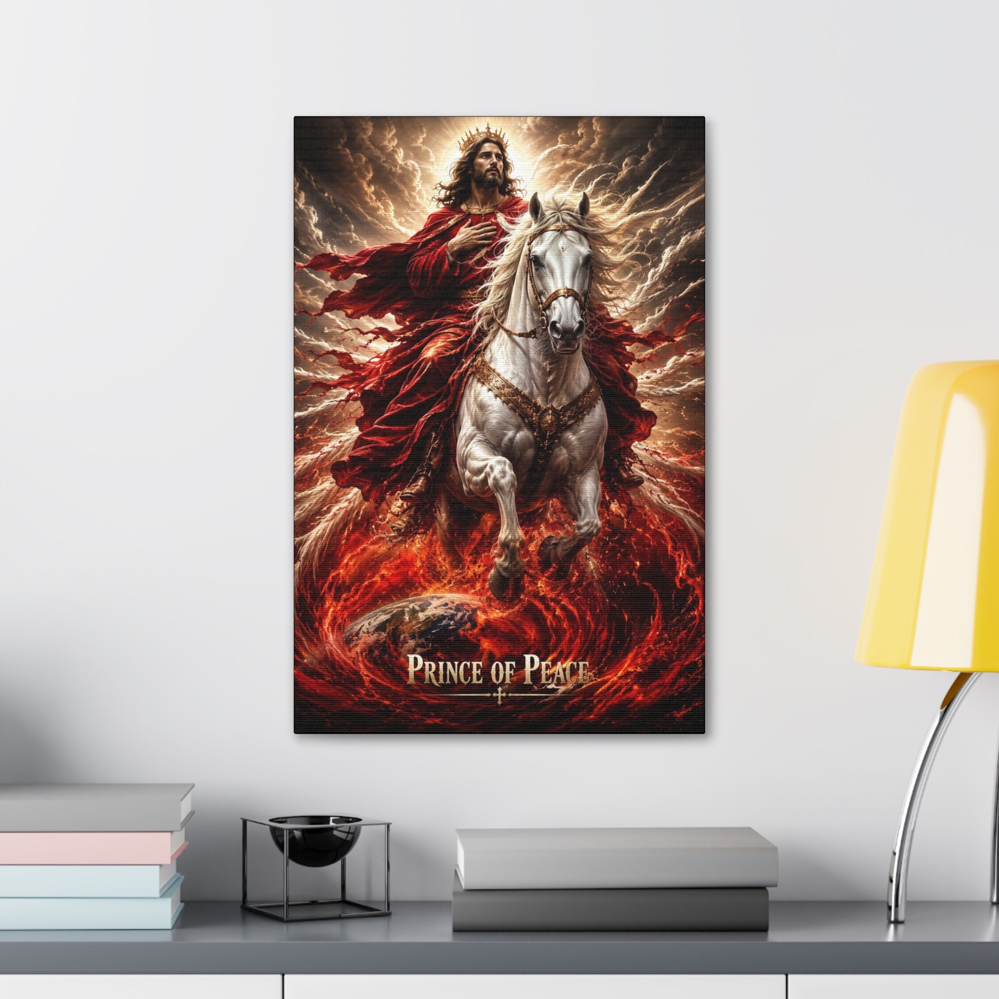 Christian canvas wall art featuring Jesus riding a white horse with peaceful radiant lighting and inspirational Prince of Peace imagery in gallery-style decor.
