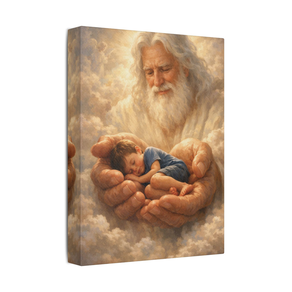 Safely in His Hands Canvas — Sleeping 'lil' Boy' in God's Embrace Wall Art