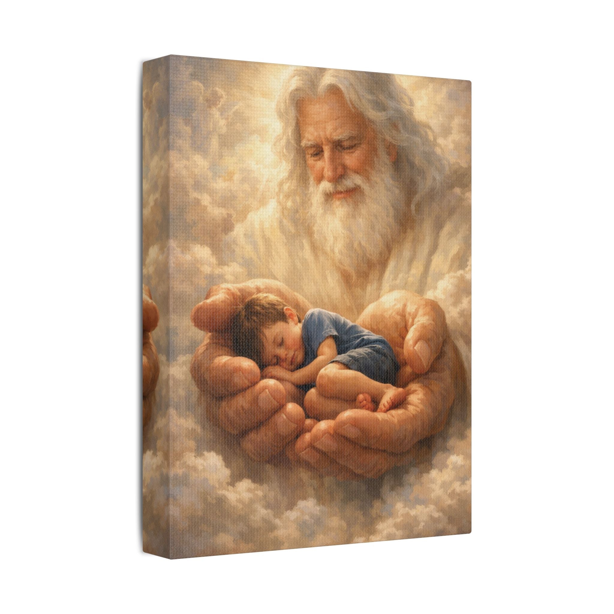 Safely in His Hands Canvas — Sleeping 'lil' Boy' in God's Embrace Wall Art