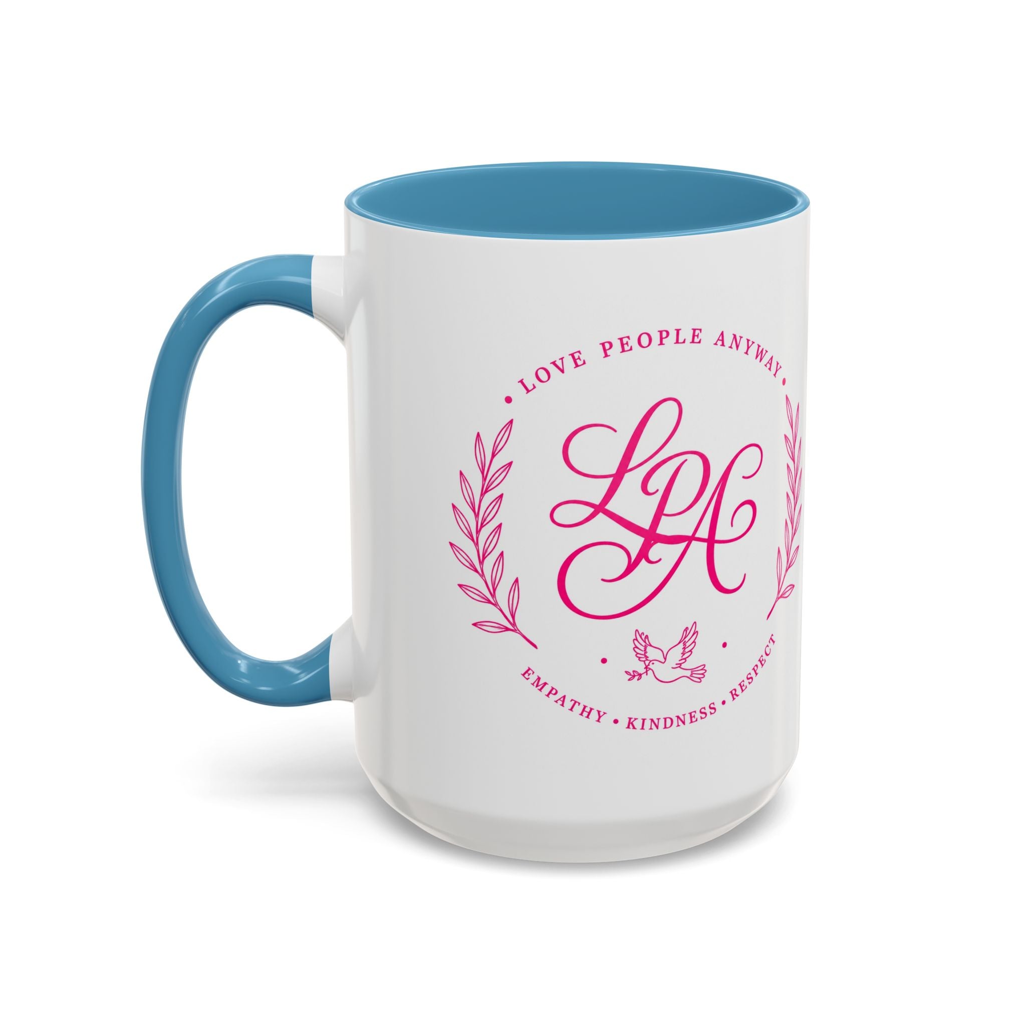 Love People Anyway Coffee Mug | Inspirational Pink Monogram Mug | Faith Freedom Creations
