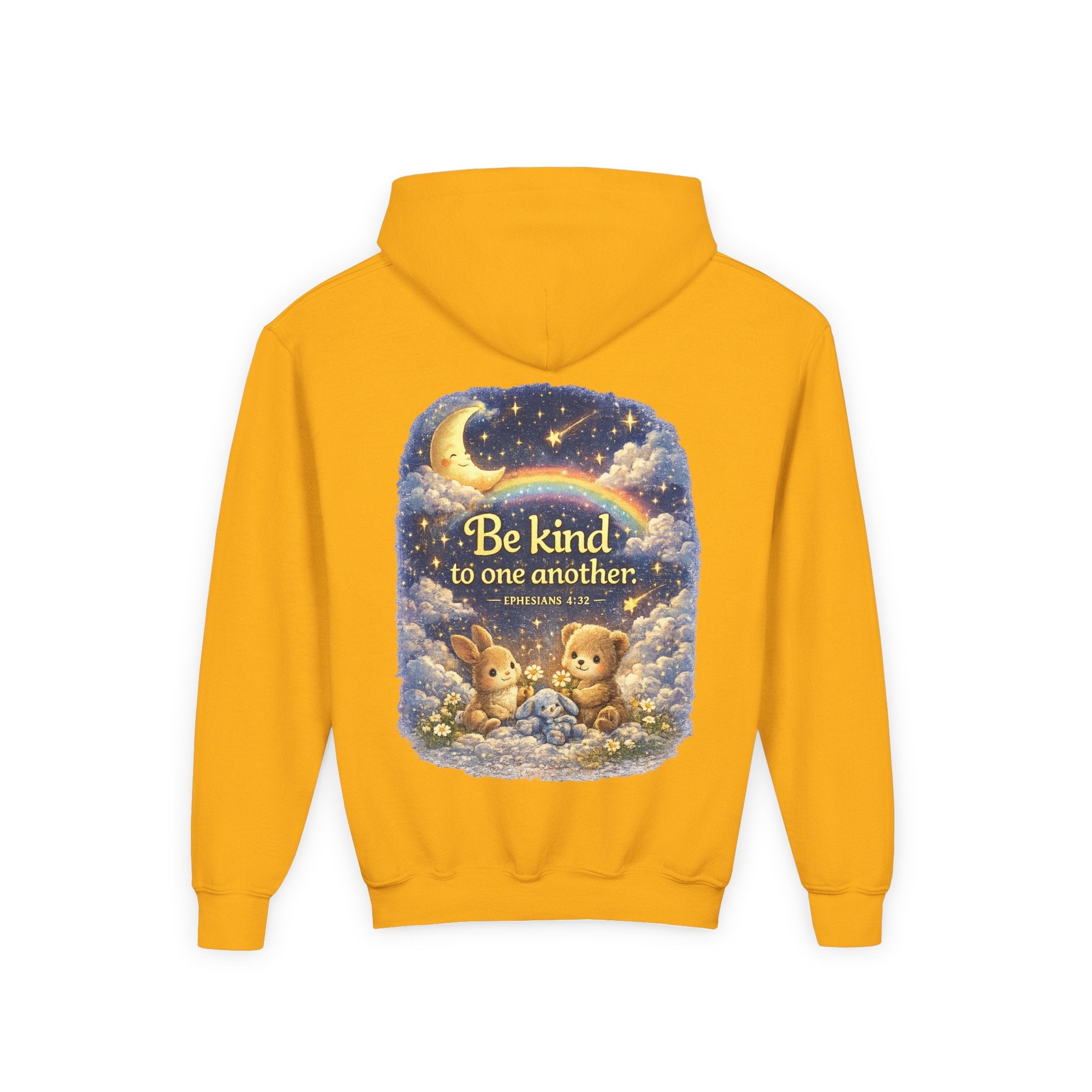 Youth “Be Kind to One Another” Hoodie – Cute Bunny Night Sky Scripture Sweatshirt